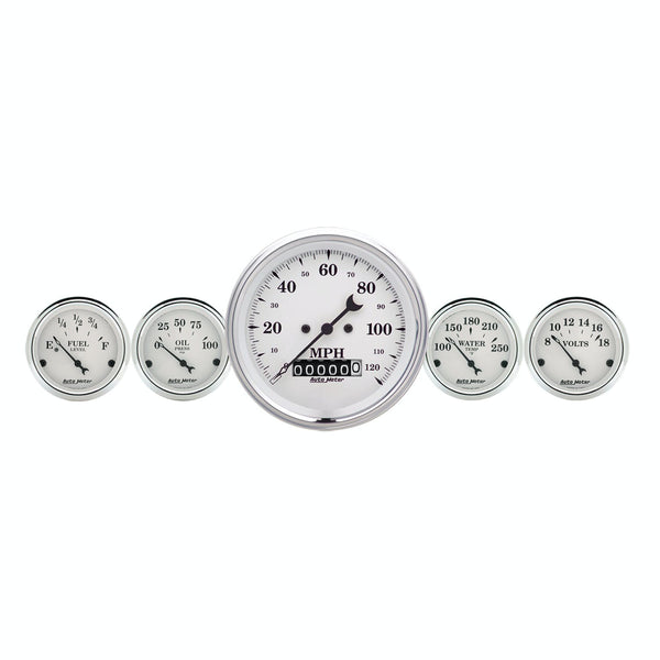 AutoMeter Products 1640 Old Tyme White 5 Piece Kit w/3-3/8 Prog. Speedo, w/Wheel Odo