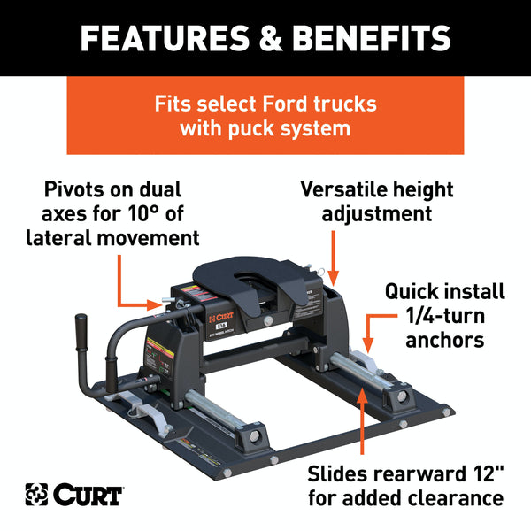 CURT 16674 E16 Sliding 5th Wheel Hitch, Select Ford F250, F350, F450, 6.75' Bed Puck System