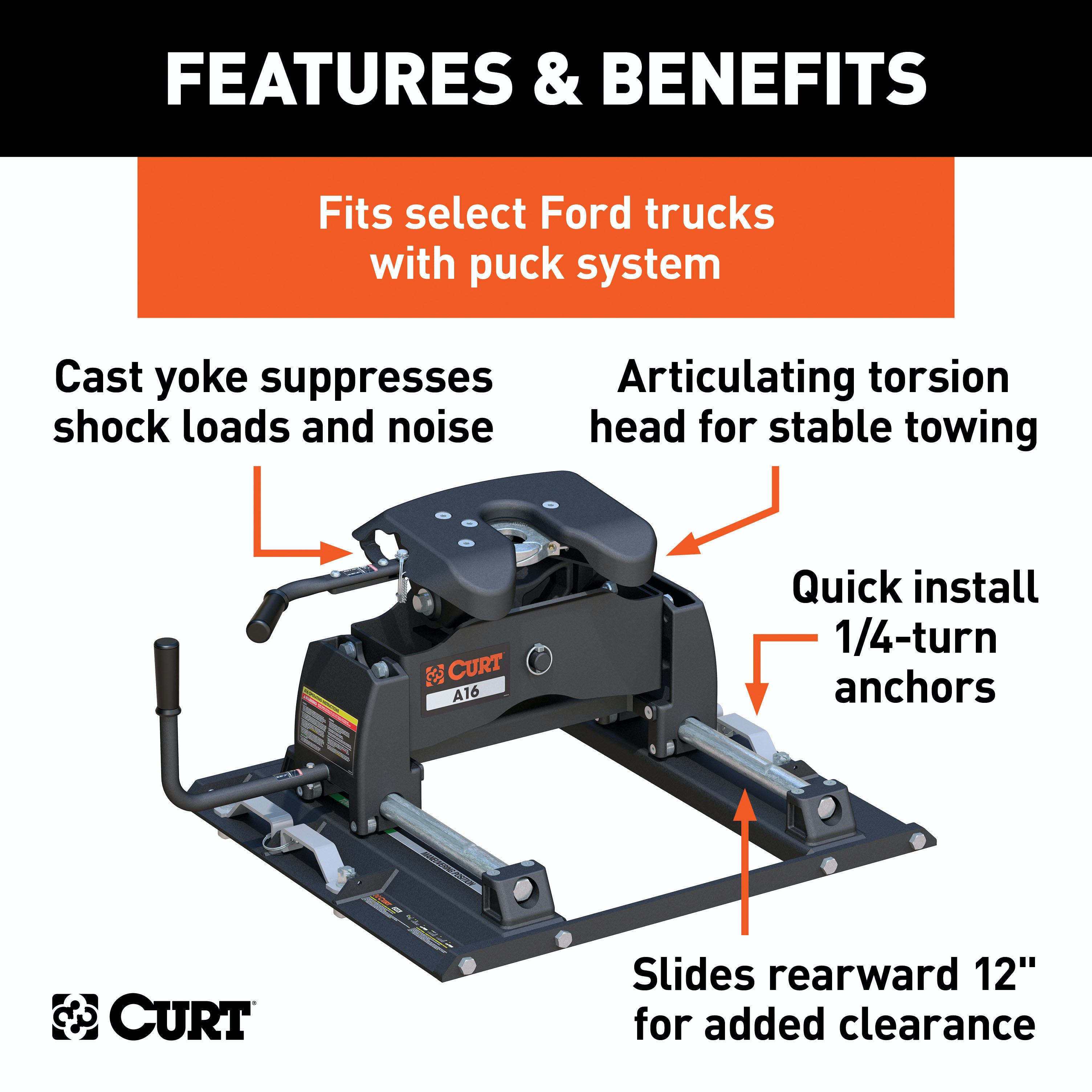 CURT 16675 A16 Sliding 5th Wheel Hitch, Select Ford F250, F350, F450, 6.75' Bed Puck System