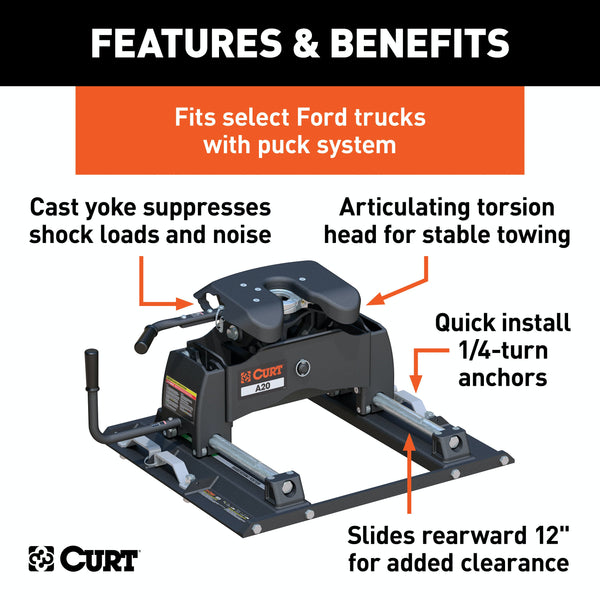 CURT 16676 A20 Sliding 5th Wheel Hitch, Select Ford F250, F350, F450, 6.75' Bed Puck System