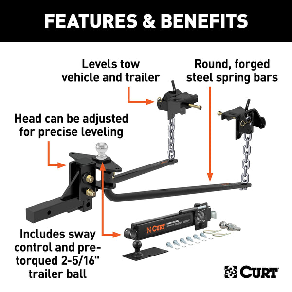 CURT 17062 Round Bar Weight Distribution Hitch with Lubrication, Sway Control (8-10K)