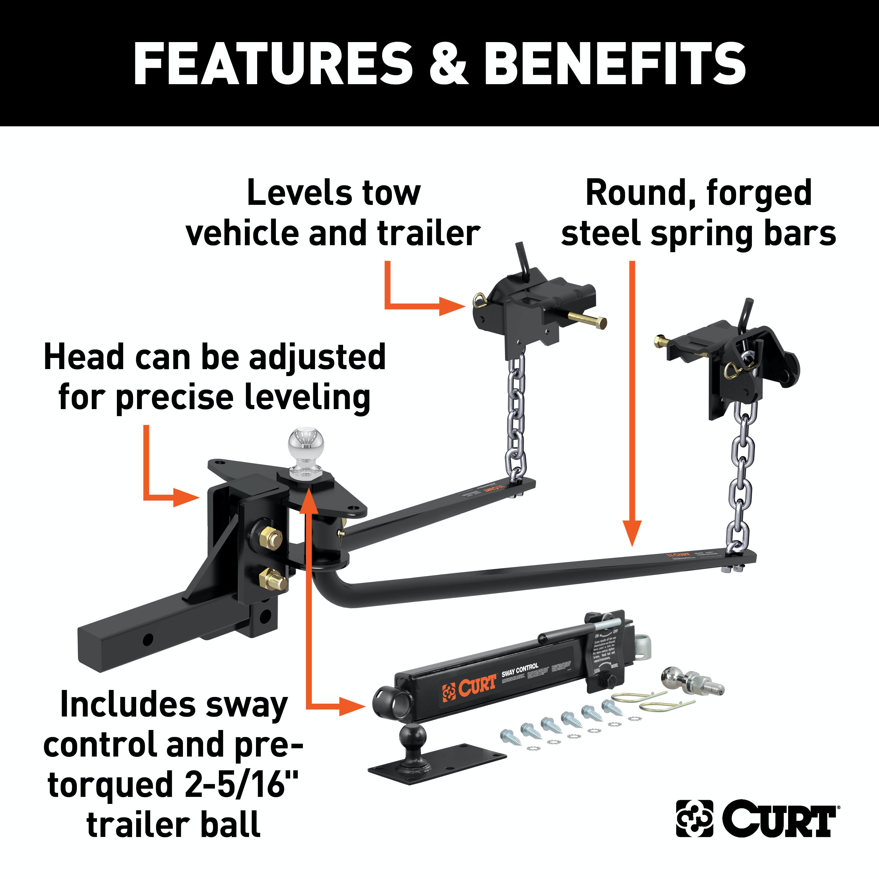 CURT 17063 Round Bar Weight Distribution Hitch with Lubrication, Sway Control (10-14K)