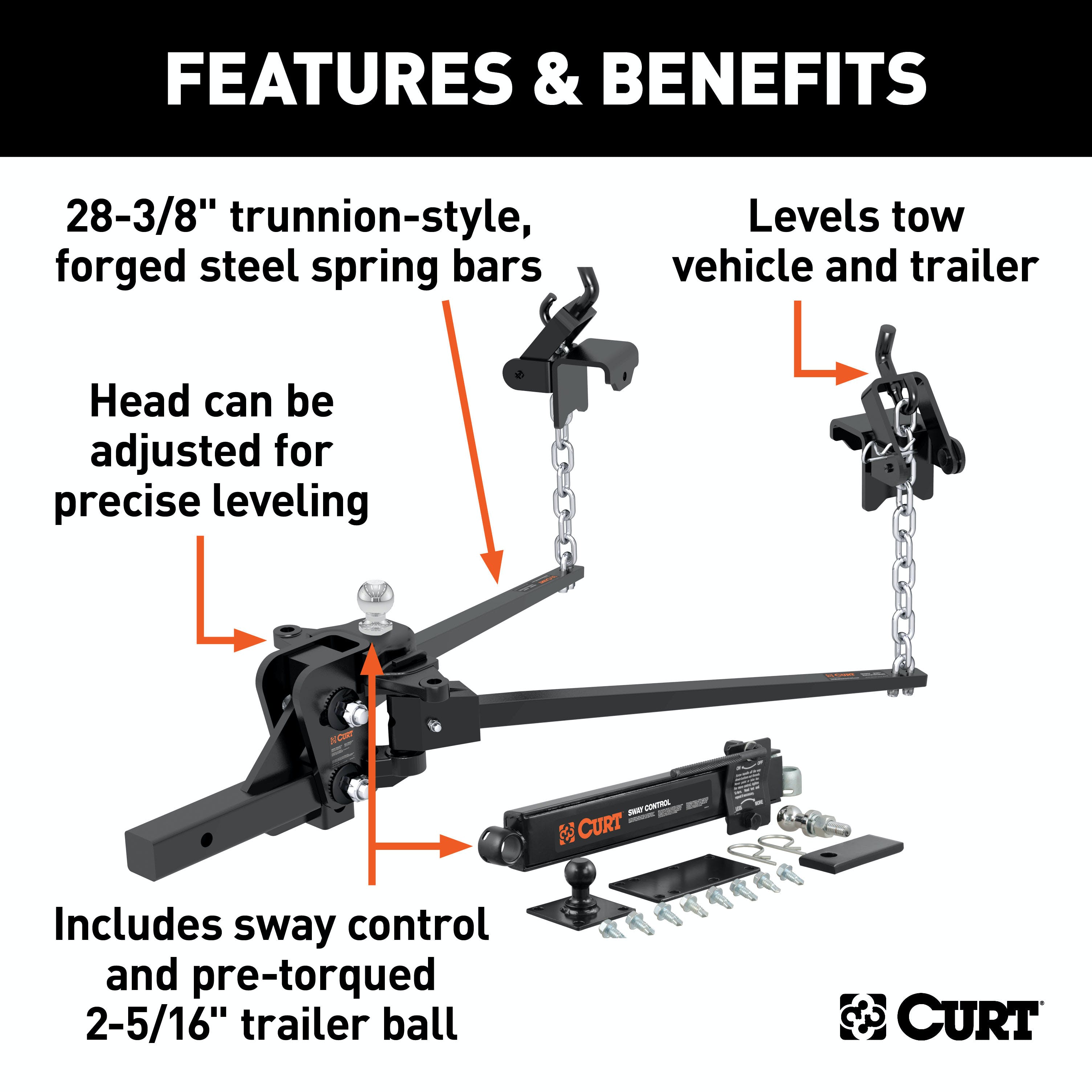 CURT 17322 Short Trunnion Bar Weight Distribution Hitch with Sway Control (8-10K, 28-3/8)