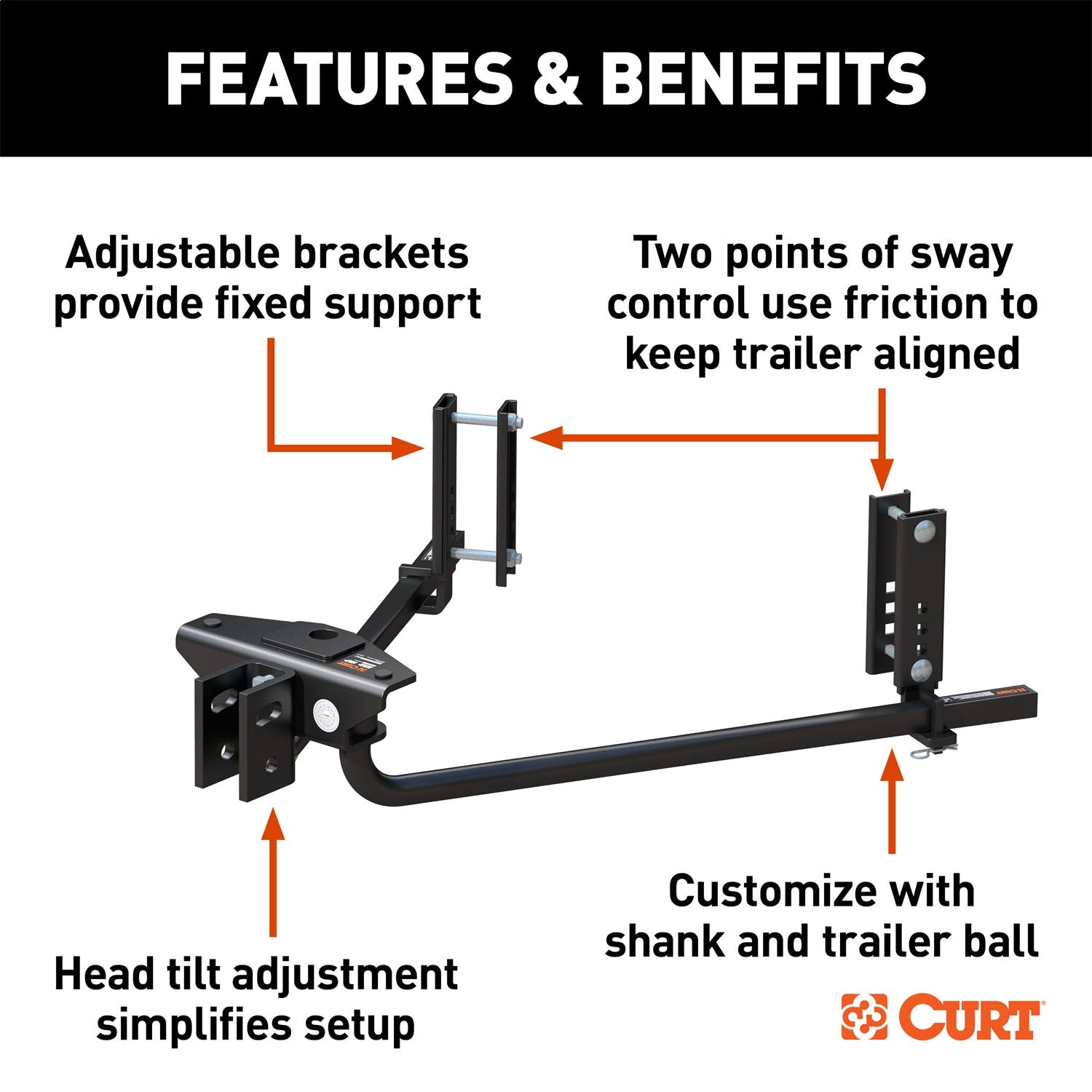 CURT 17600 TruTrack 2P Weight Distribution Hitch with 2x Sway Control, 8-10K (No Shank)