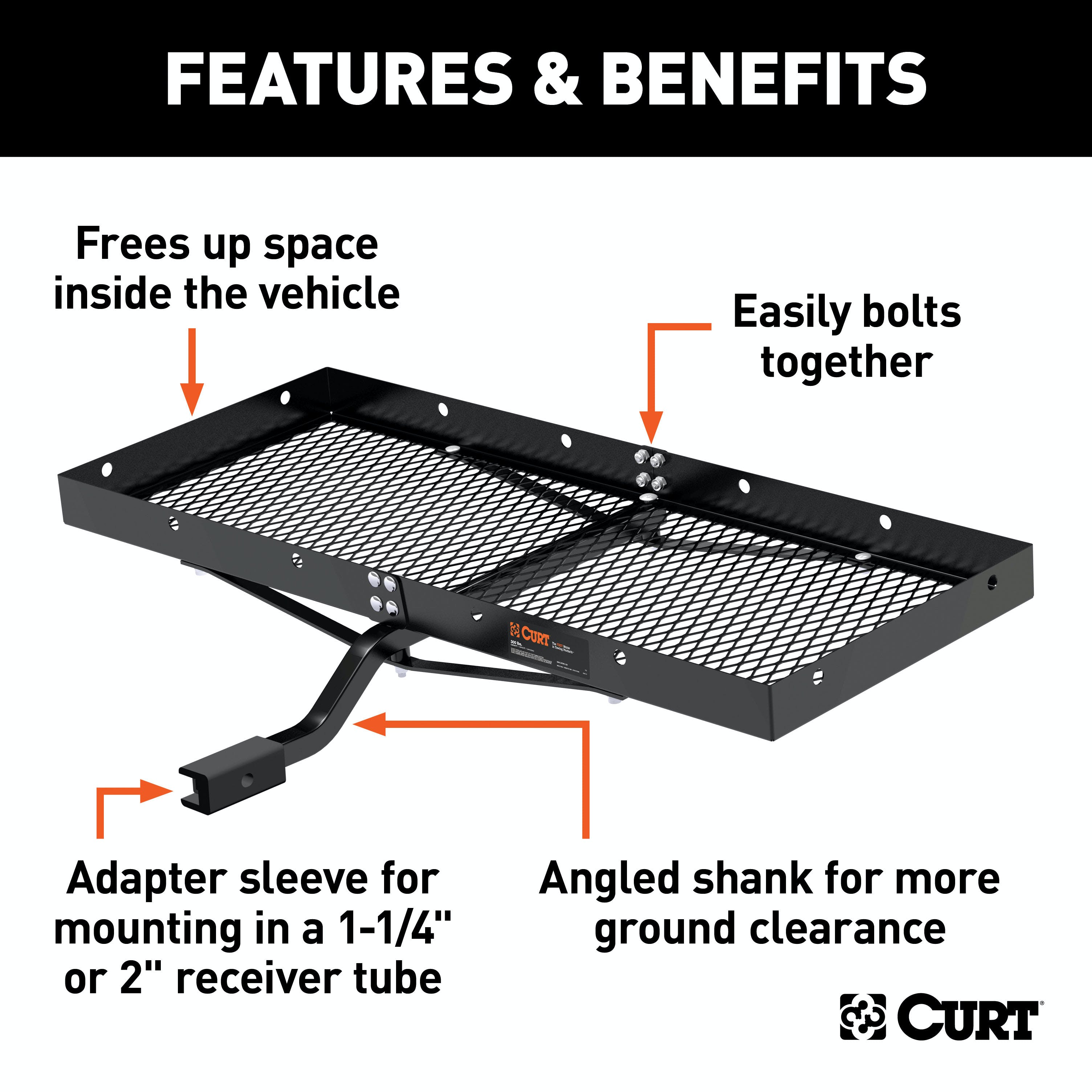 CURT 18110 48 x 20 Black Steel Tray Cargo Carrier (1-1/4, 2 Adapter, 300 lbs.)