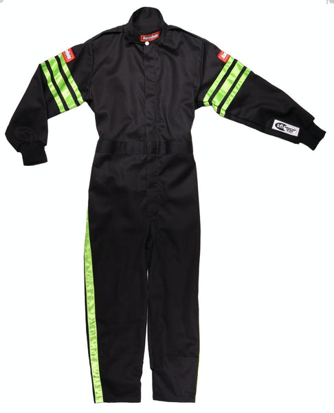 RaceQuip 1950796 SFI-1 Pyrovatex One-Piece Single-Layer Youth Racing Fire Suit (Black/Green-XL)
