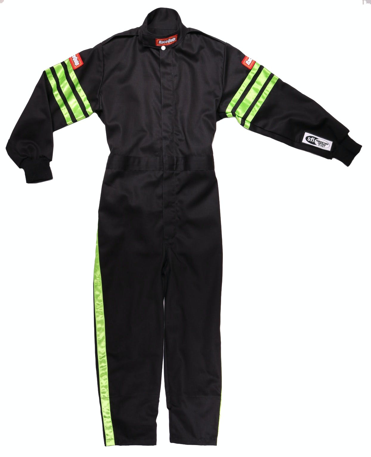 RaceQuip 1950792 SFI-1 Pyrovatex One-Piece Single-Layer Youth Racing Fire Suit (Black/Green-S)