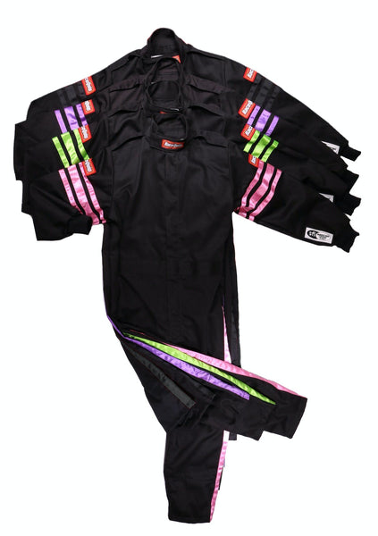 RaceQuip 1950791 SFI-1 Pyrovatex One-Piece Single-Layer Youth Racing Fire Suit (Black/Green-XS)