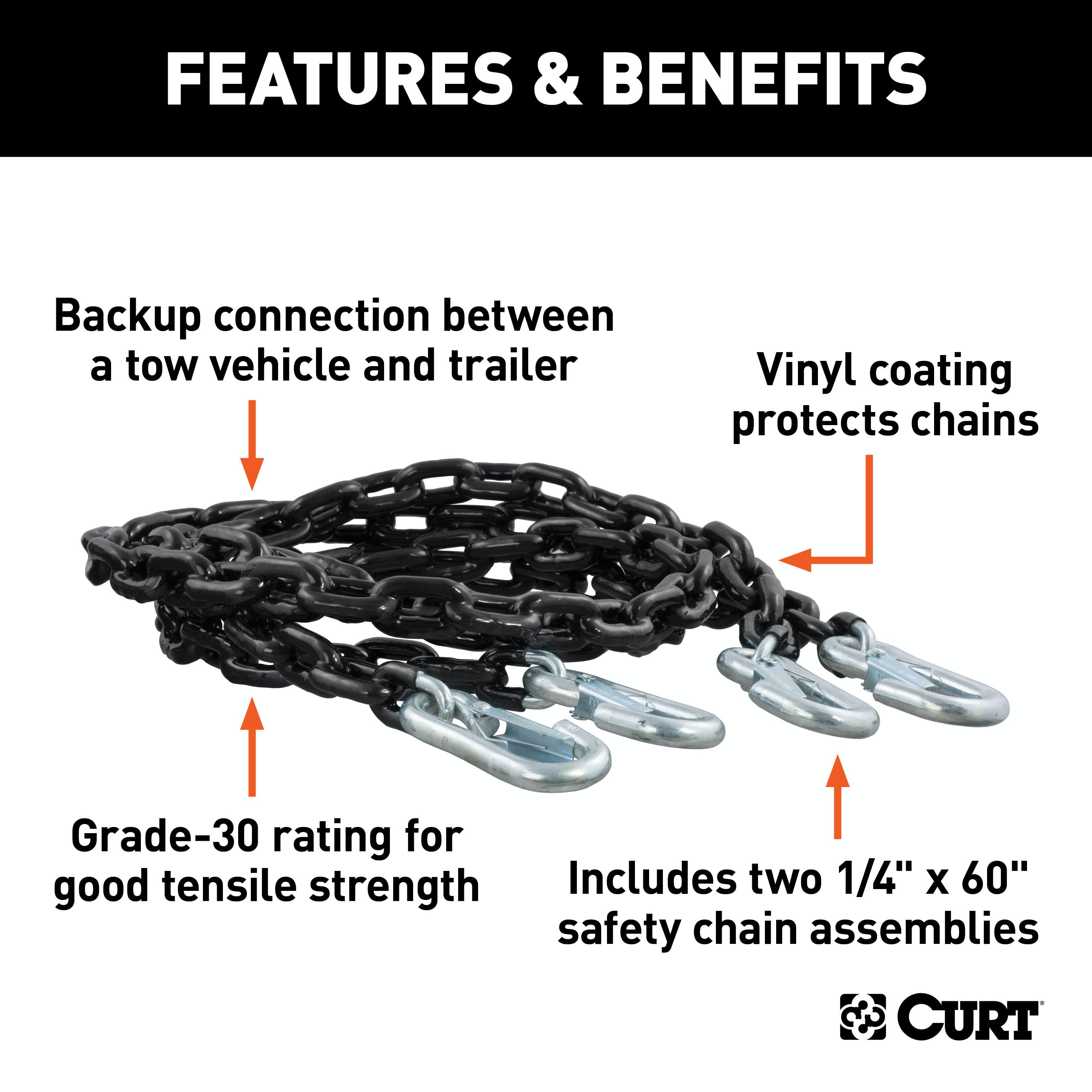Curt | 65 Safety Chains With 2 Snap Hooks Each (5,000 Lbs, Vinyl-coated, 2-pack)