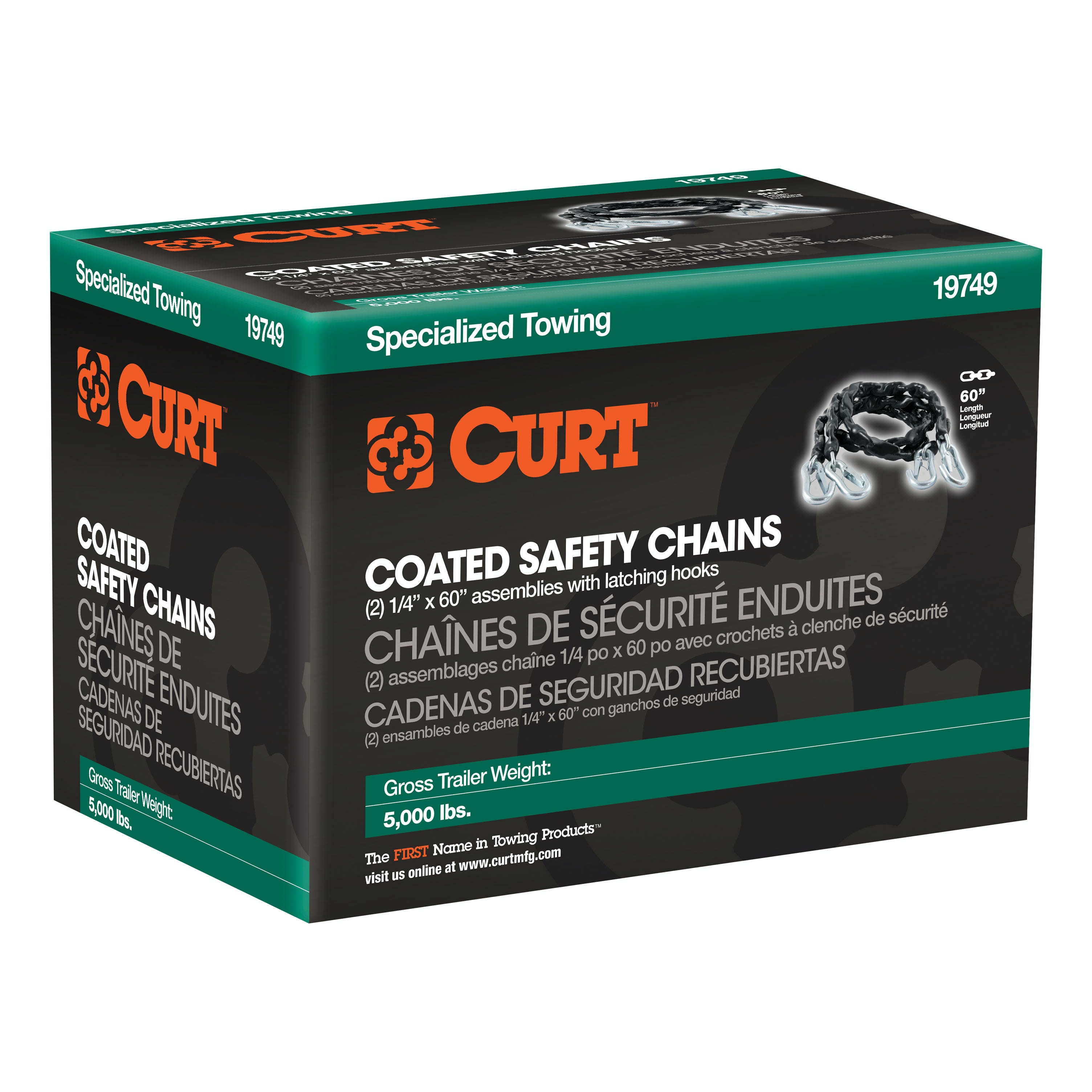 CURT 19749 65 Safety Chains with 2 Snap Hooks Each (5,000 lbs, Vinyl-Coated, 2-Pack)