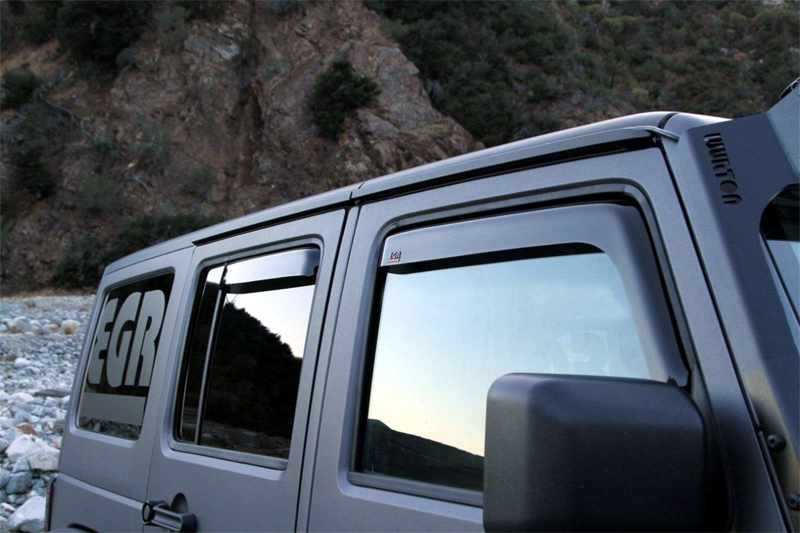 EGR in-channel window visors front & rear set dark smoke 07-17 4-Door Jeep Wrangler Unlimited