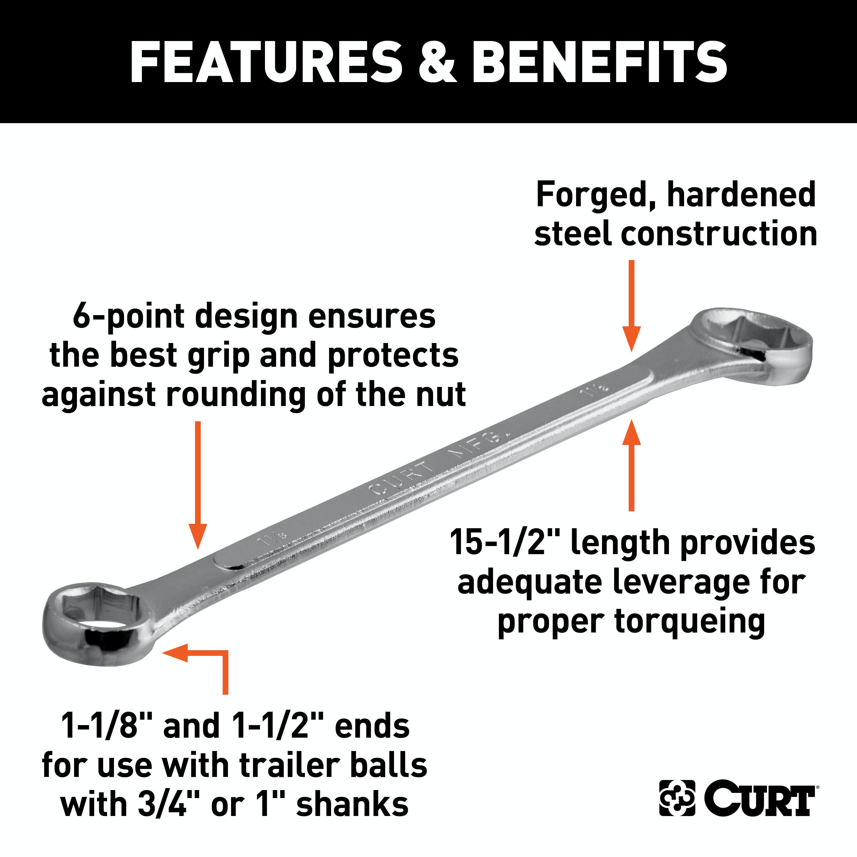 CURT 20001 Trailer Ball Box-End Wrench (Fits 1-1/8 or 1-1/2 Nuts)