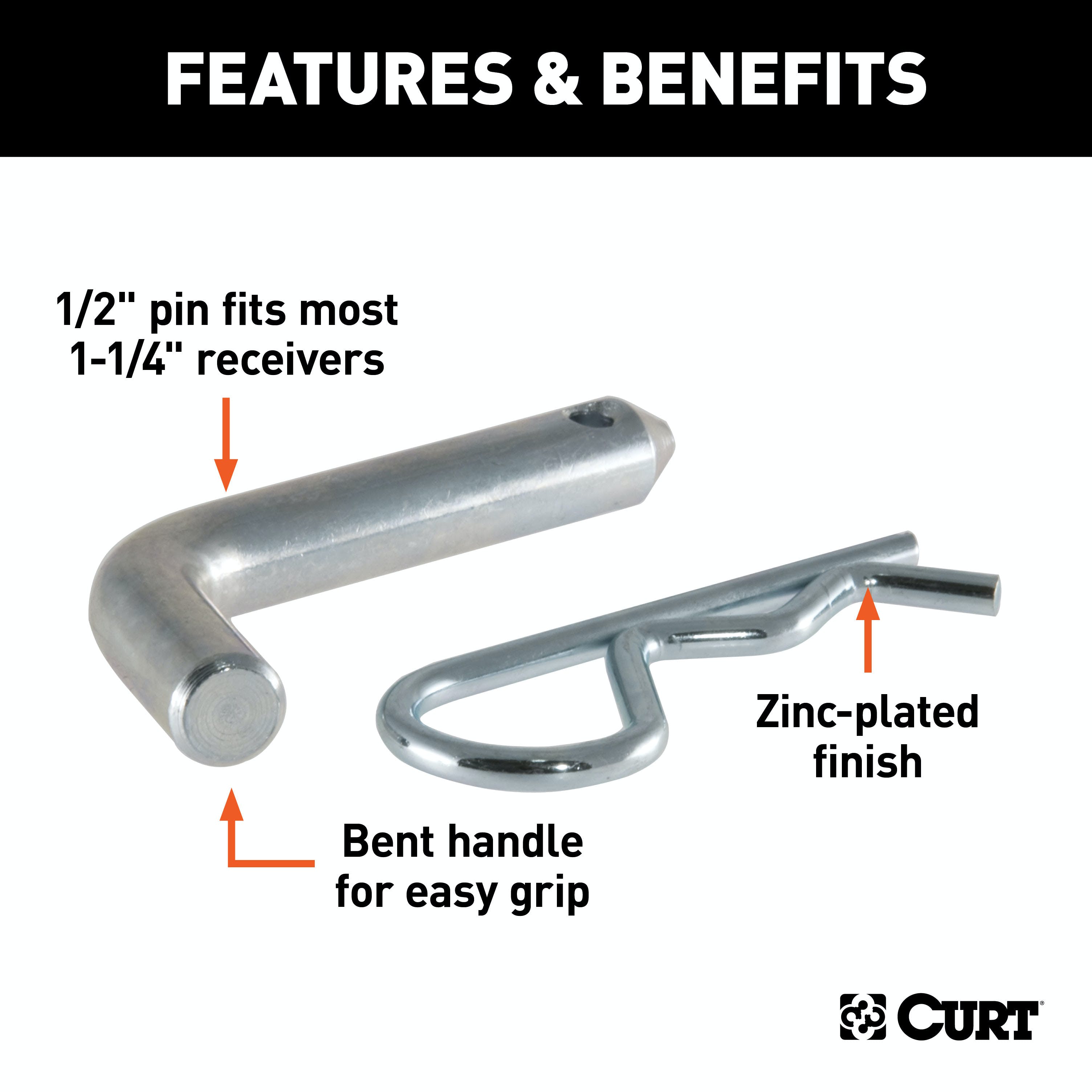 CURT 21400 1/2 Hitch Pin (1-1/4 Receiver, Zinc)