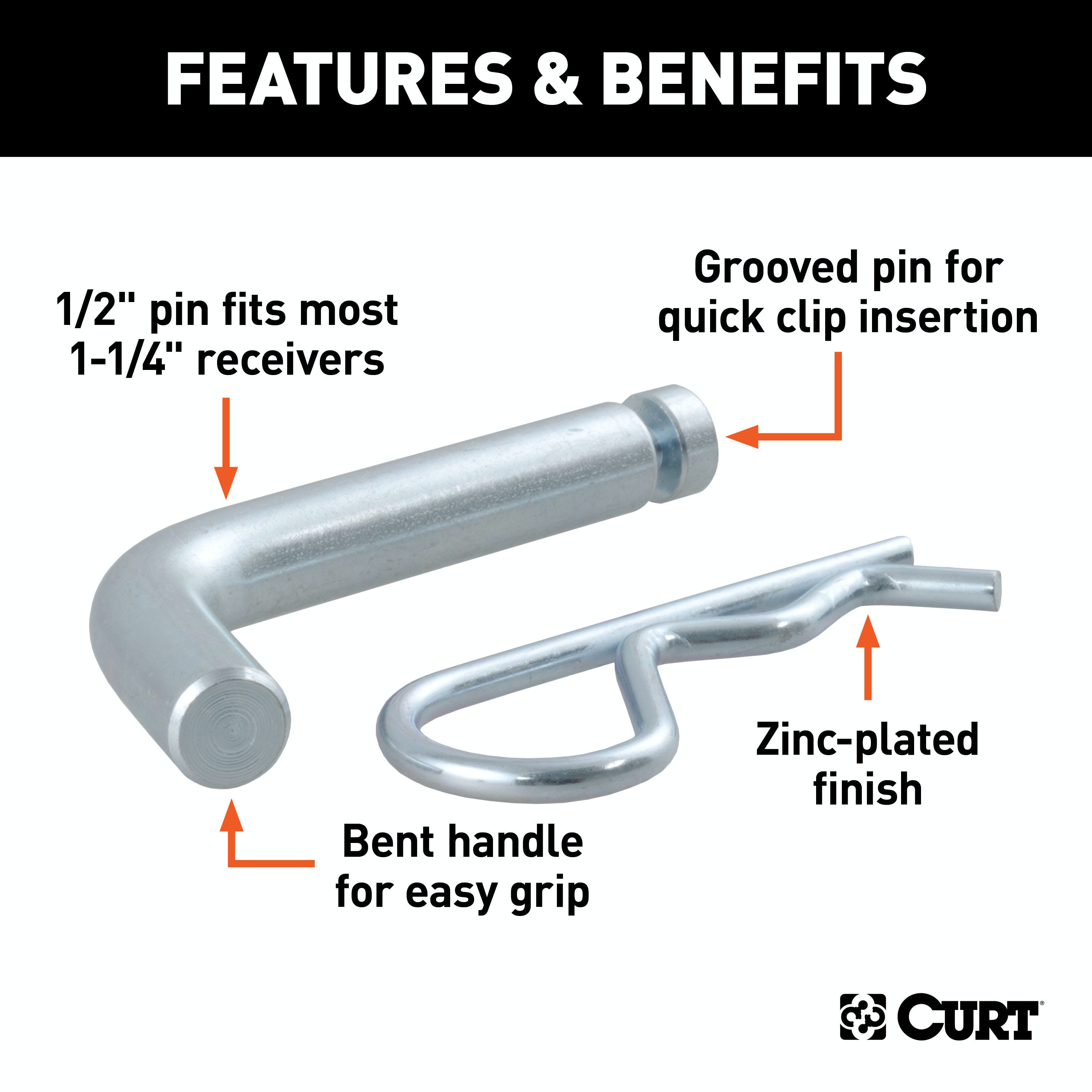 CURT 21404 1/2 Hitch Pin with Groove (1-1/4 Receiver, Zinc, Packaged)