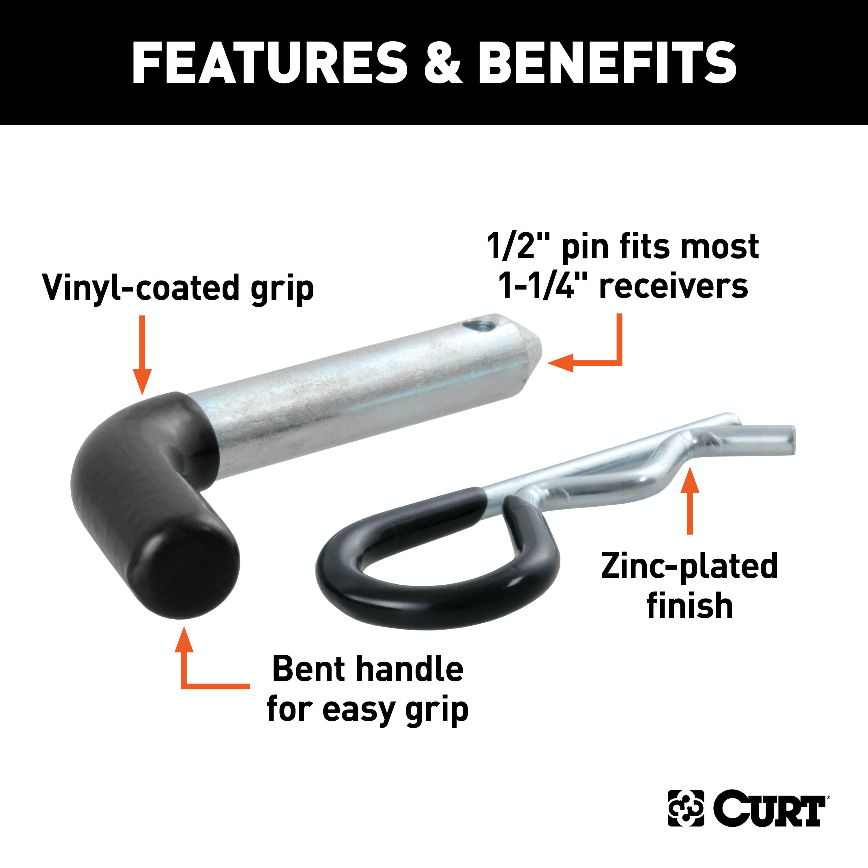 CURT 21411 1/2 Hitch Pin (1-1/4 Receiver, Zinc with Rubber Grip, Packaged)