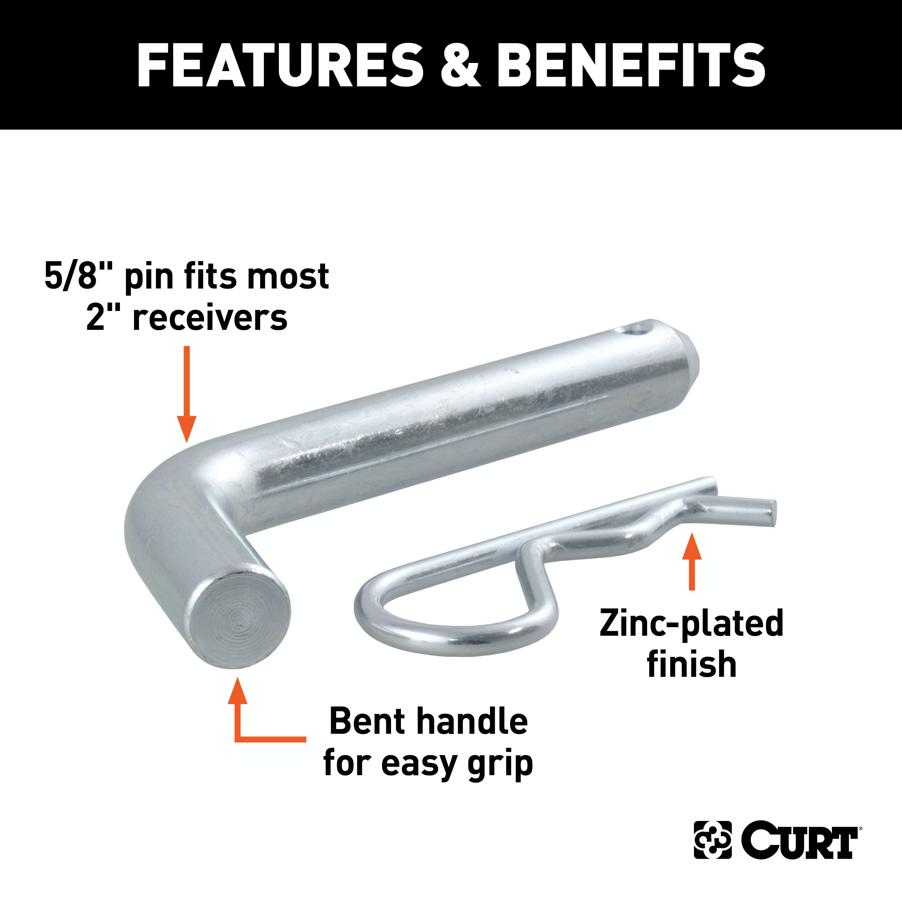CURT 21501 5/8 Hitch Pin (2 Receiver, Zinc, Packaged)