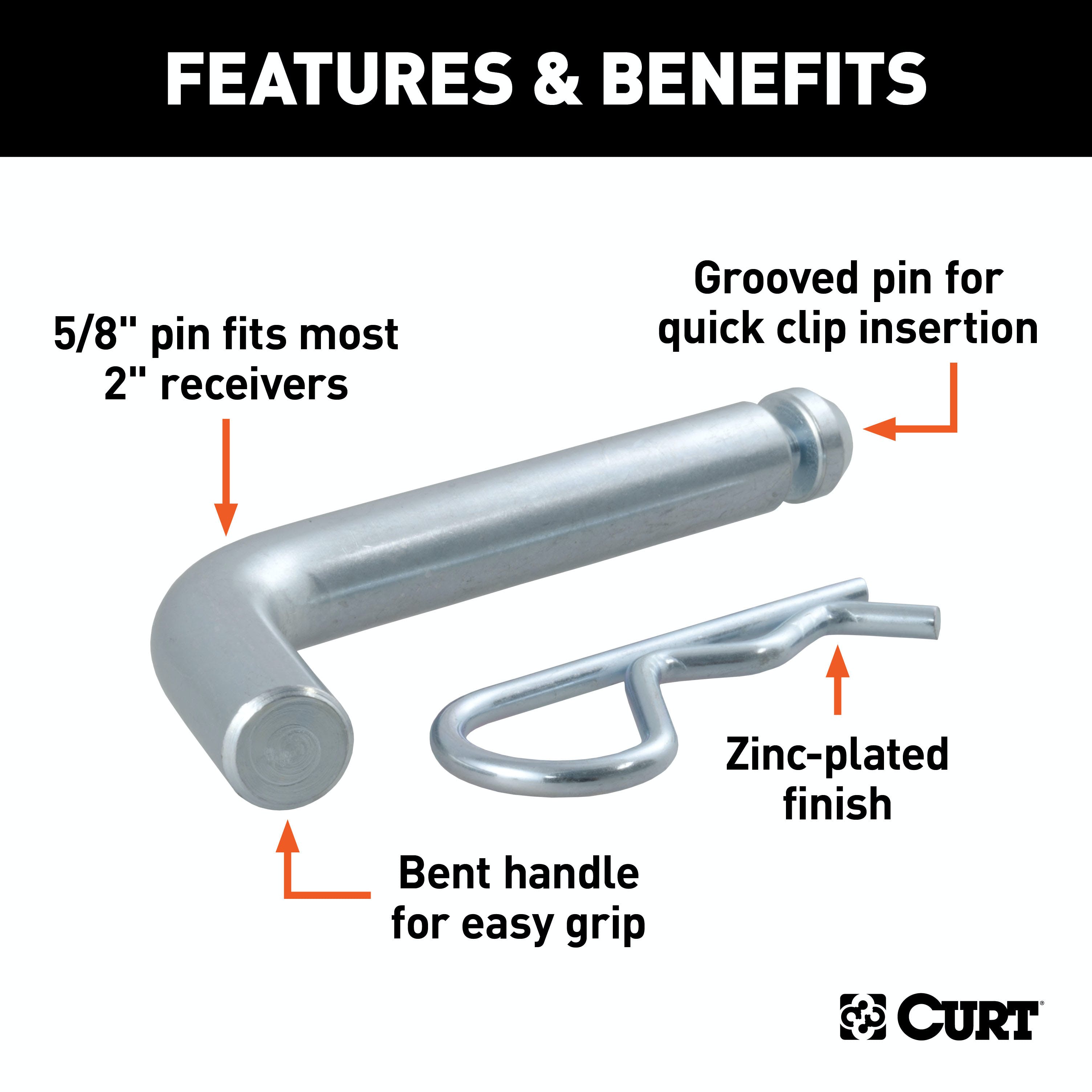 CURT 21505 5/8 Hitch Pin with Groove (2 Receiver, Zinc, Packaged)