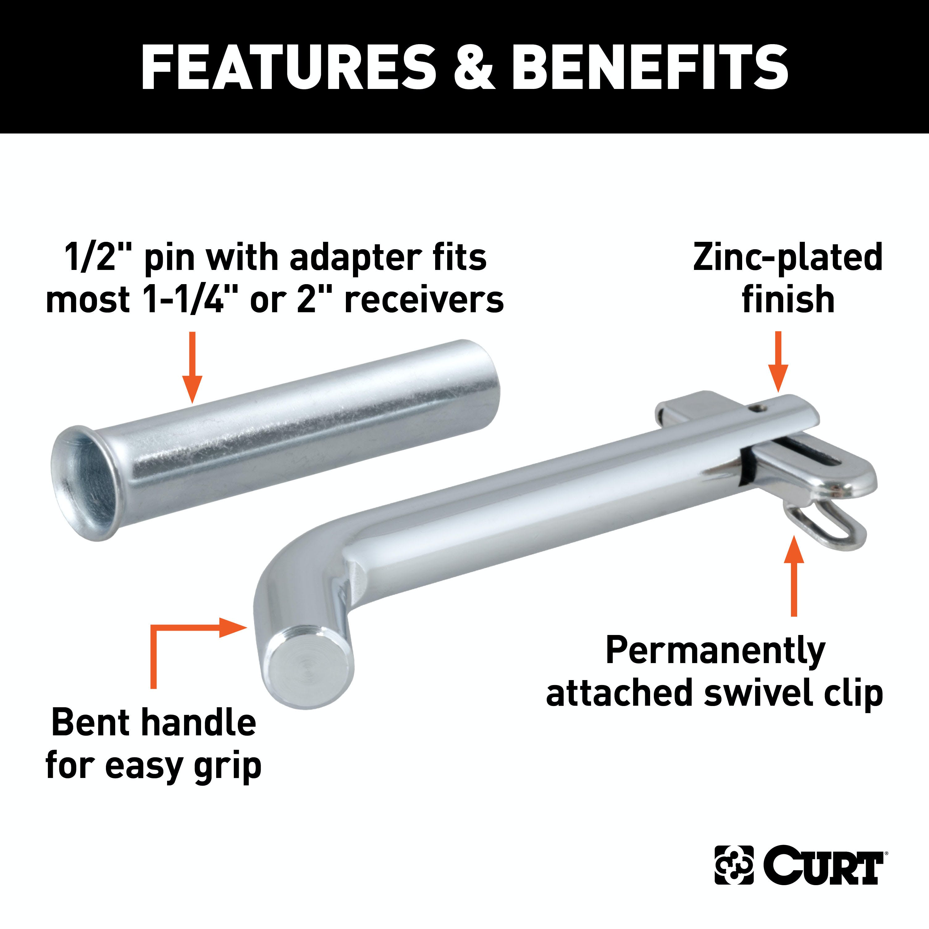 CURT 21561 1/2 Swivel Hitch Pin with 5/8 Adapter (1-1/4 or 2 Receiver, Zinc, Packaged)