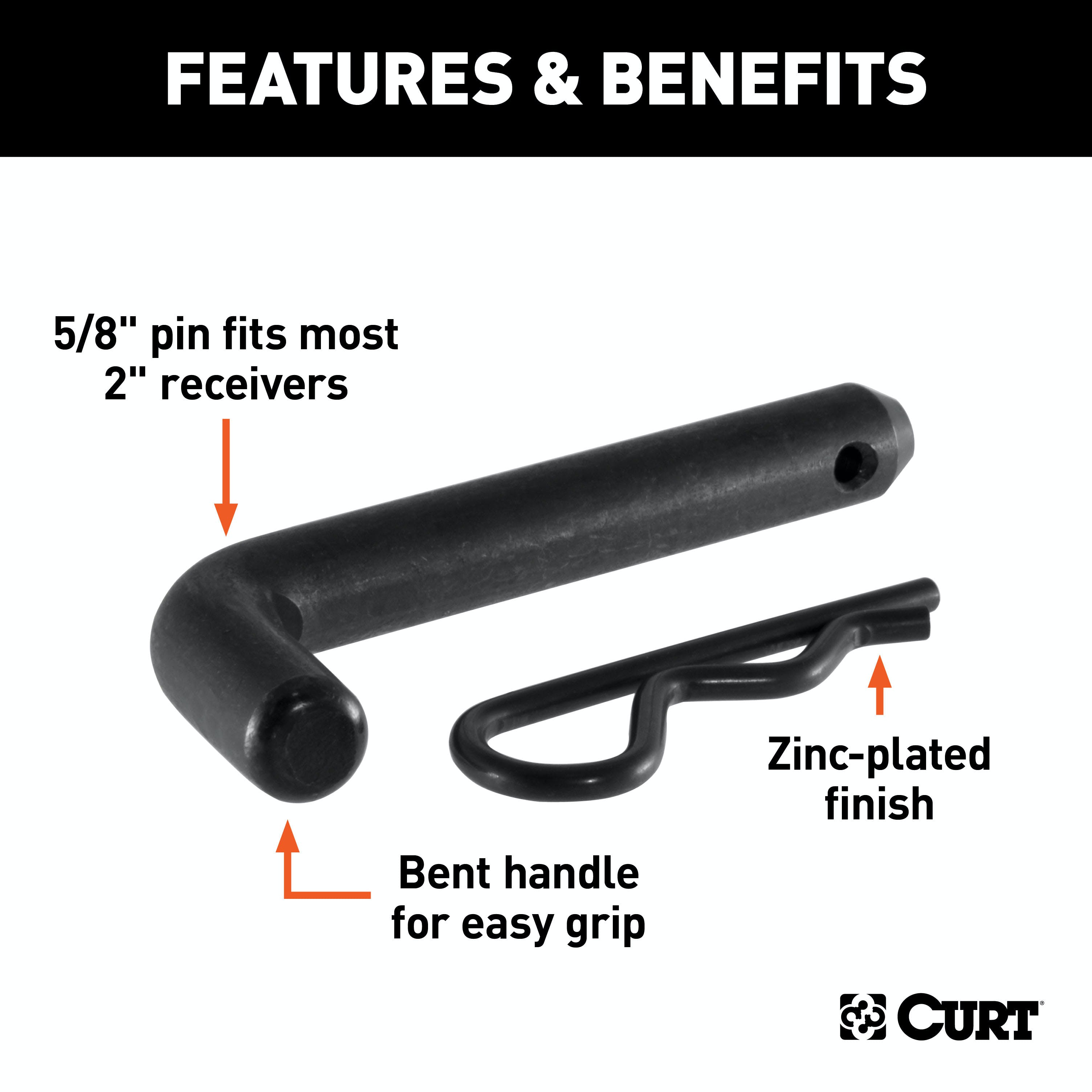 CURT 21579 5/8 Hitch Pin (2 Receiver, Black, Packaged)