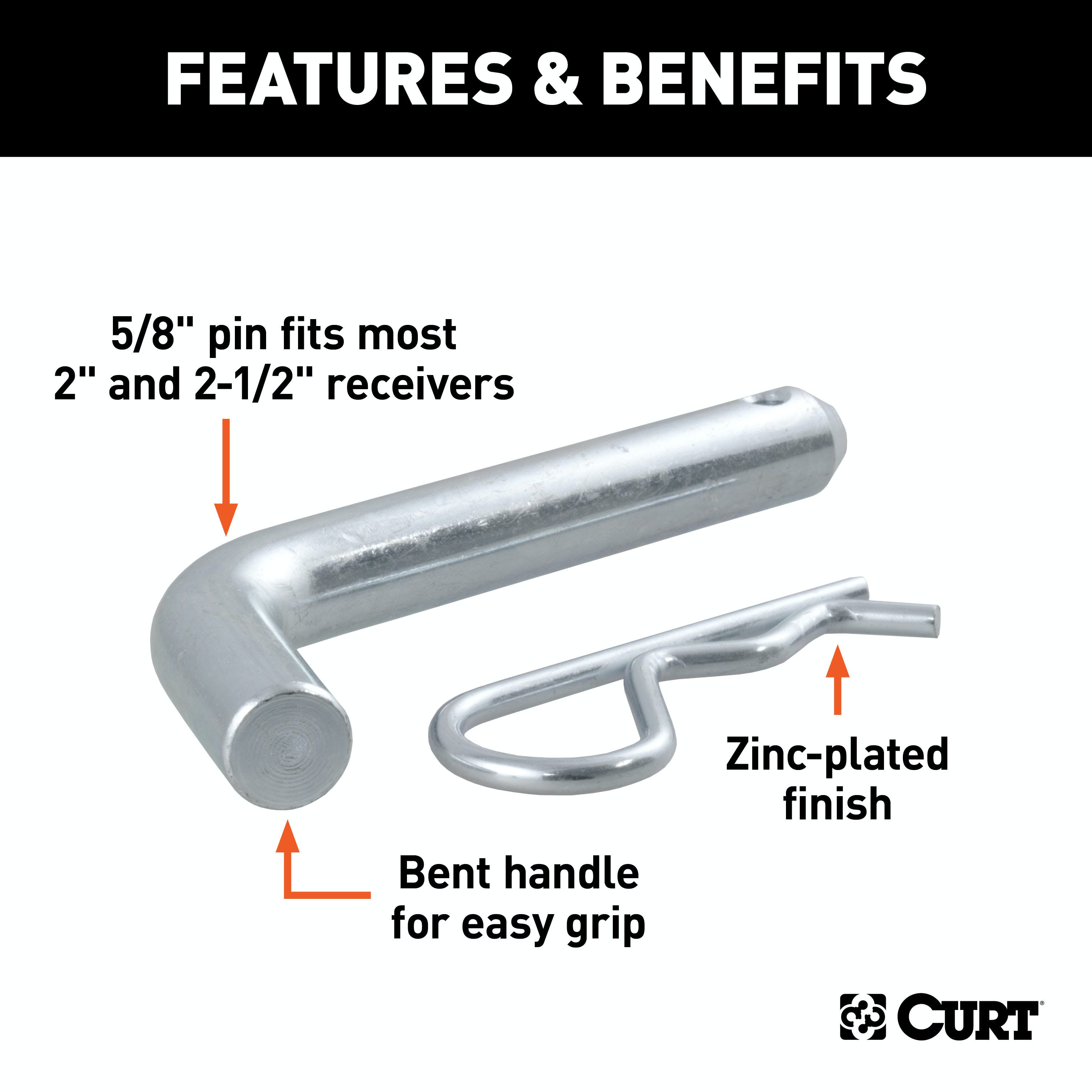 CURT 21581 5/8 Hitch Pin (2 or 2-1/2 Receiver, Zinc, Packaged)