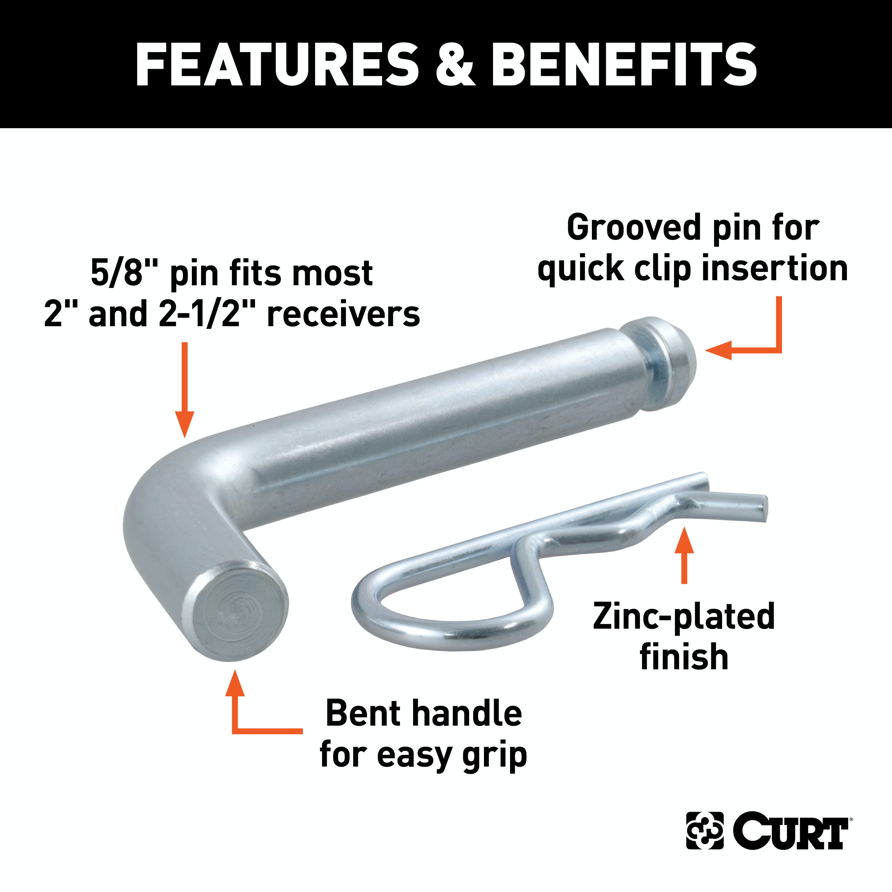 CURT 21583 5/8 Hitch Pin with Groove (2 or 2-1/2 Receiver, Zinc, Packaged)
