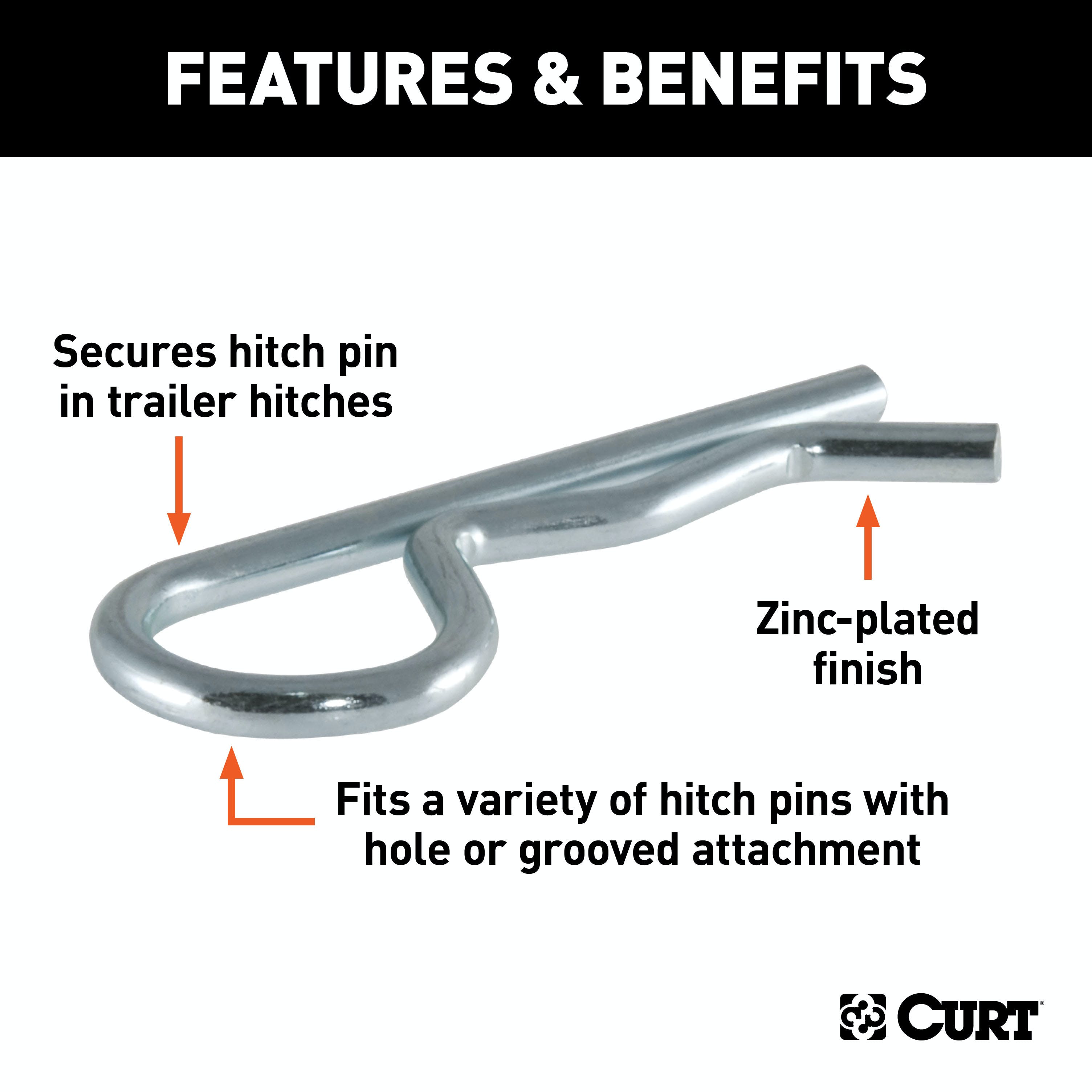 CURT 21601 Hitch Clip (Fits 1/2 or 5/8 Pin, Zinc, Packaged)
