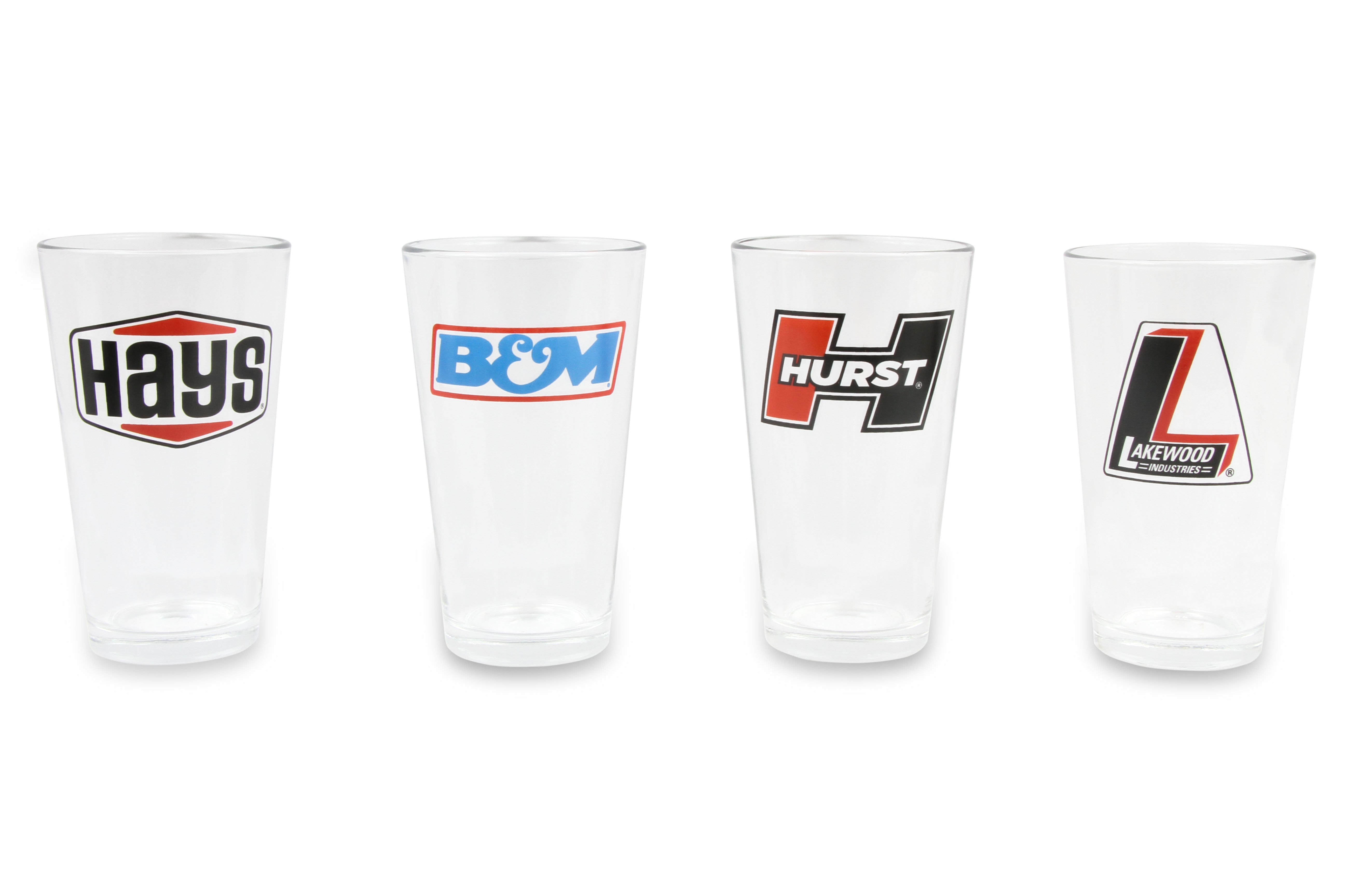 Holley 16oz pub glasses 4-pack assortment of logos including Hays B&M,Hurst and Lakewood