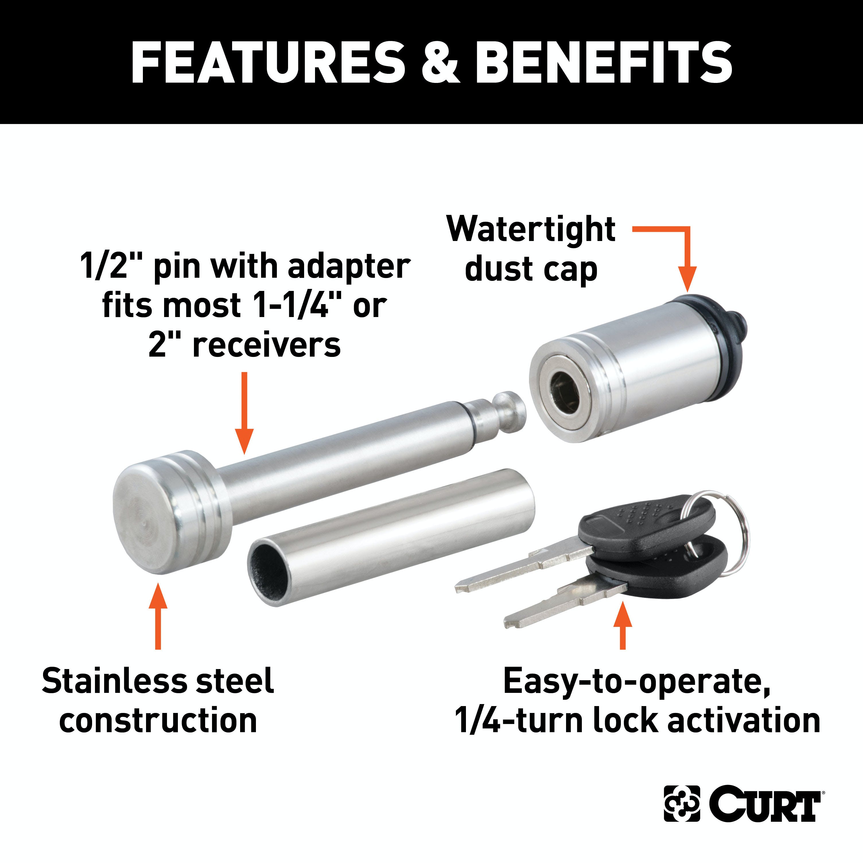 CURT 23517 1/2 Hitch Lock with 5/8 Adapter (1-1/4 or 2 Receiver, Barbell, Stainless)