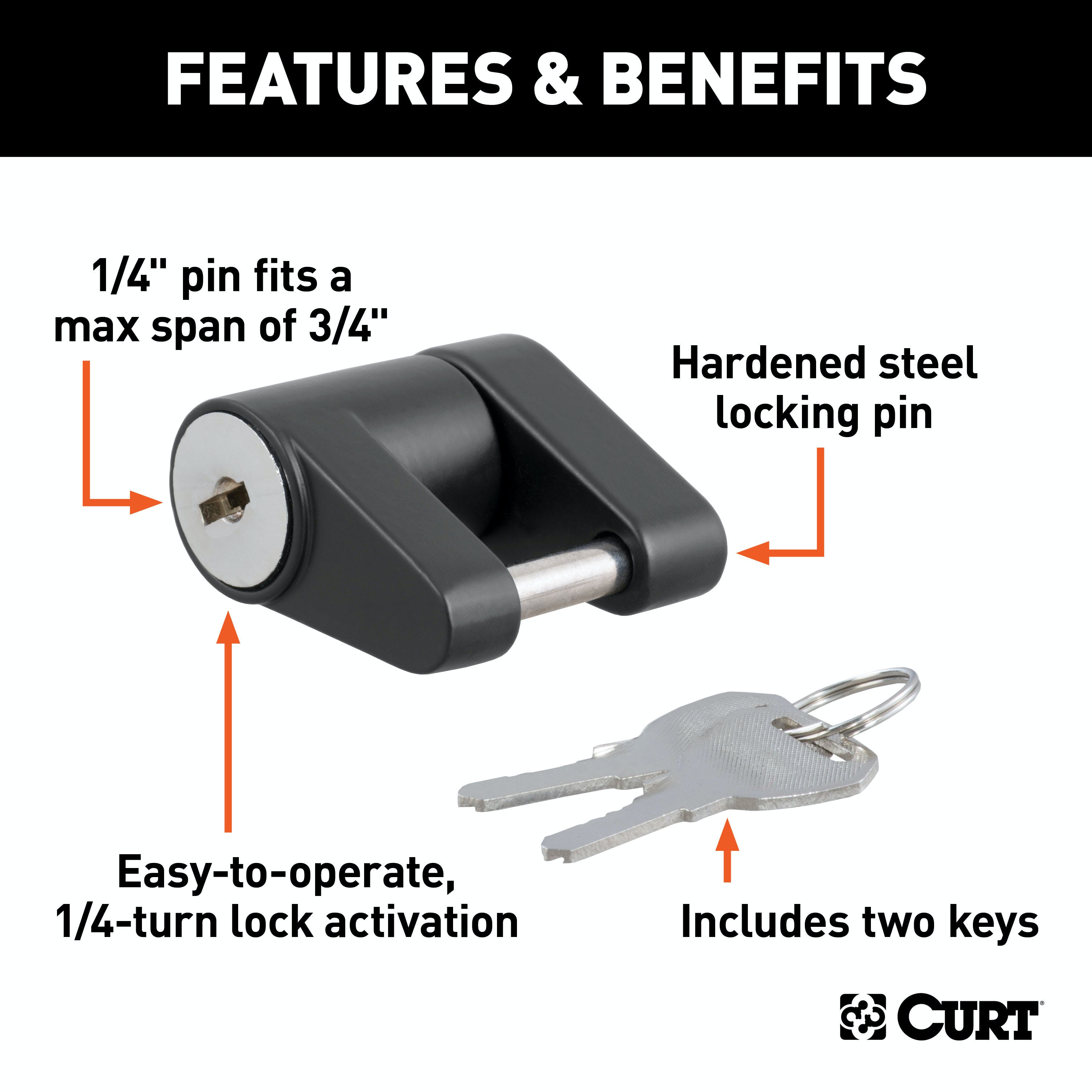 CURT 23521 Coupler Lock (1/4 Pin, 3/4 Latch Span, Padlock, Black)