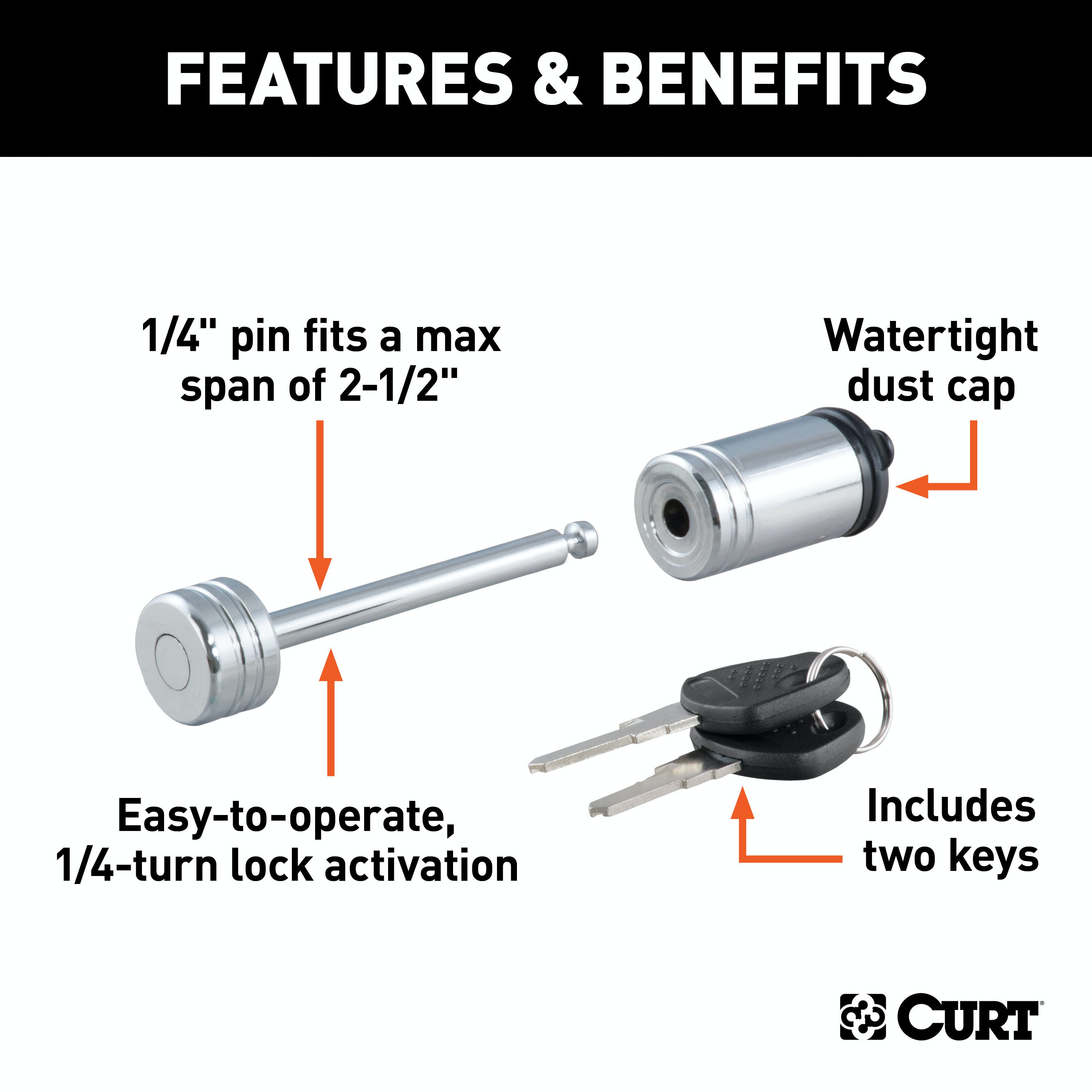 CURT 23522 Coupler Lock (1/4 Pin, 2-1/2 Latch Span, Barbell, Chrome)