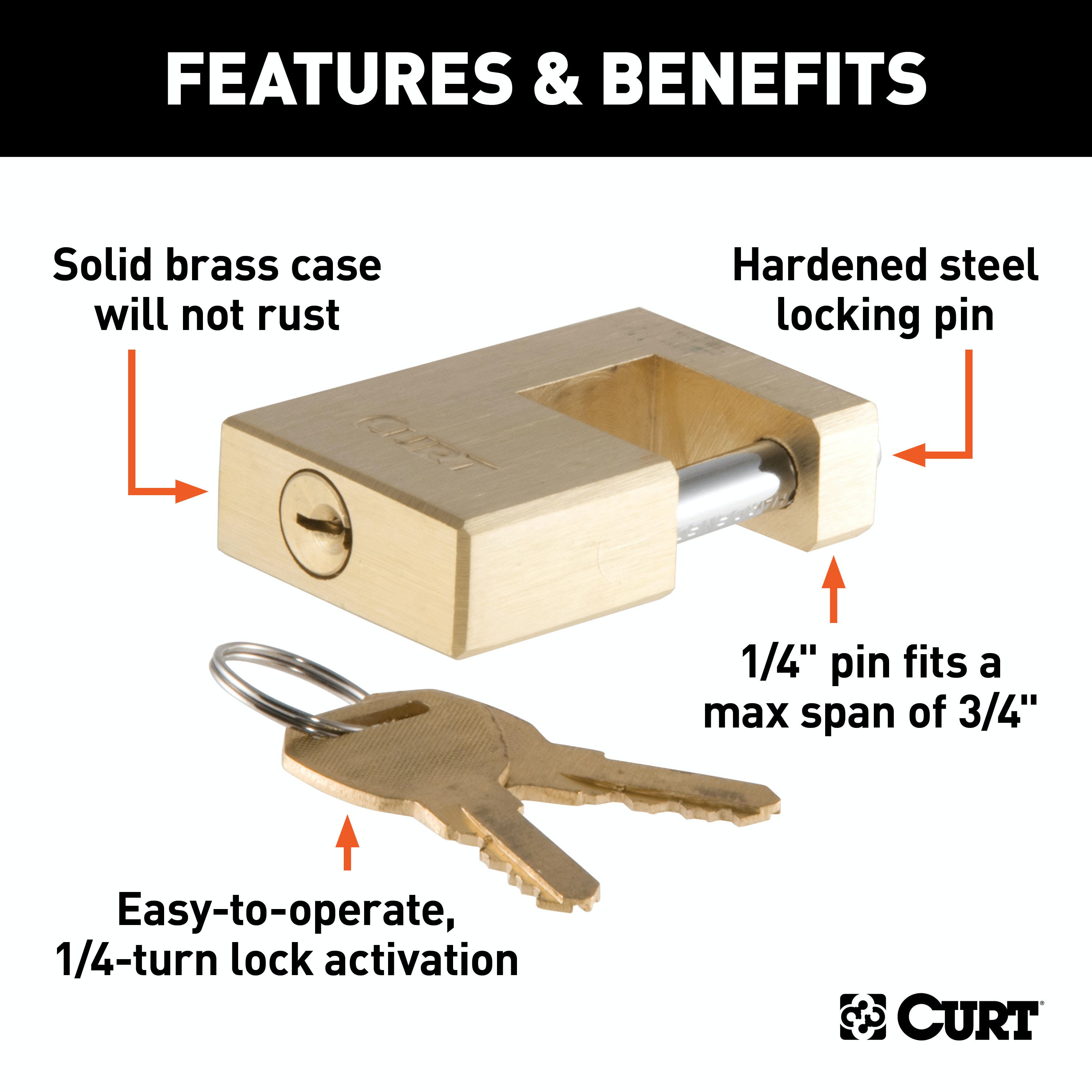 CURT 23546 Coupler Lock (1/4 Pin, 3/4 Latch Span, Padlock, Solid Brass)