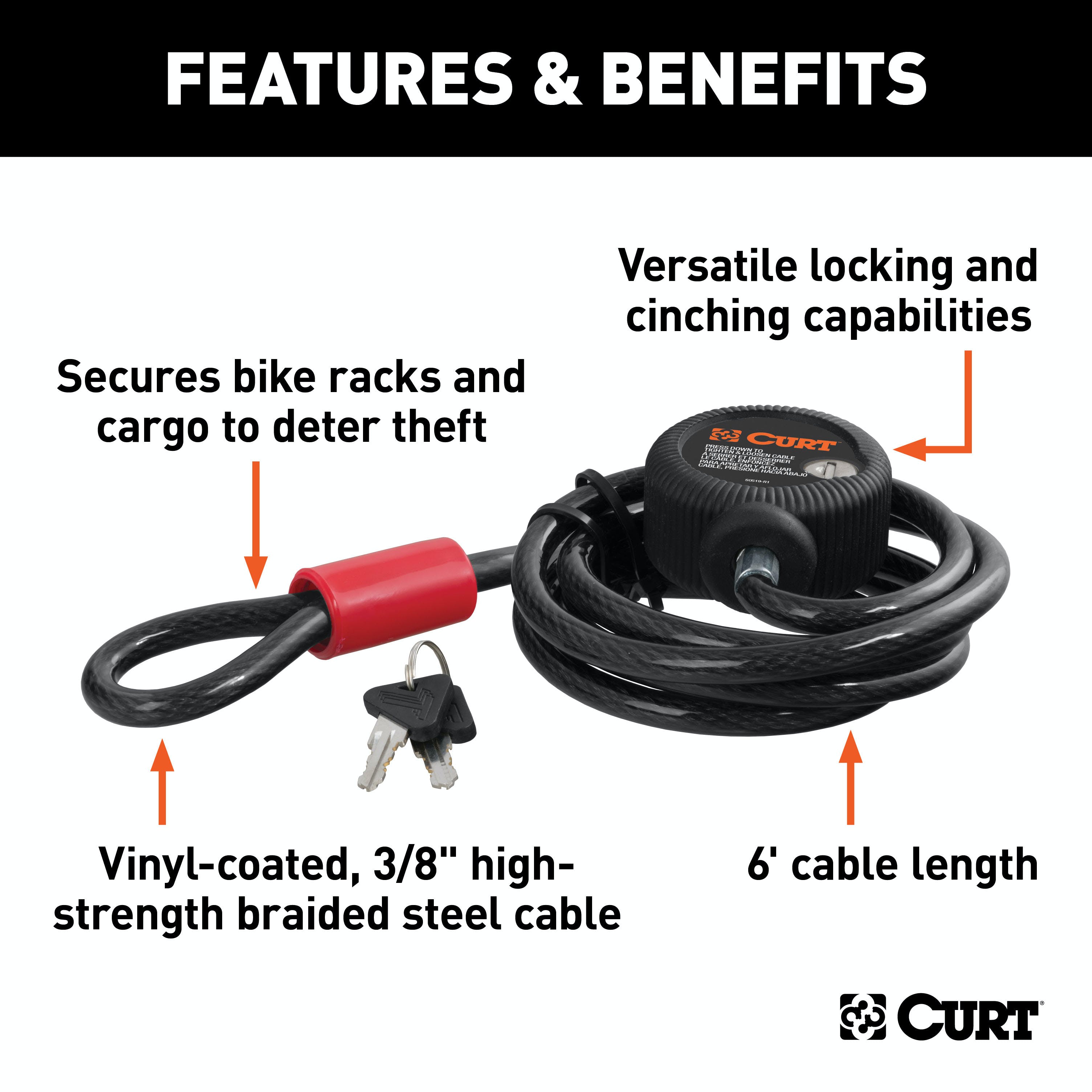 CURT 23666 Multi-Use Cable Lock (6' x 3/8 Cable, Vinyl-Coated Braided Steel)
