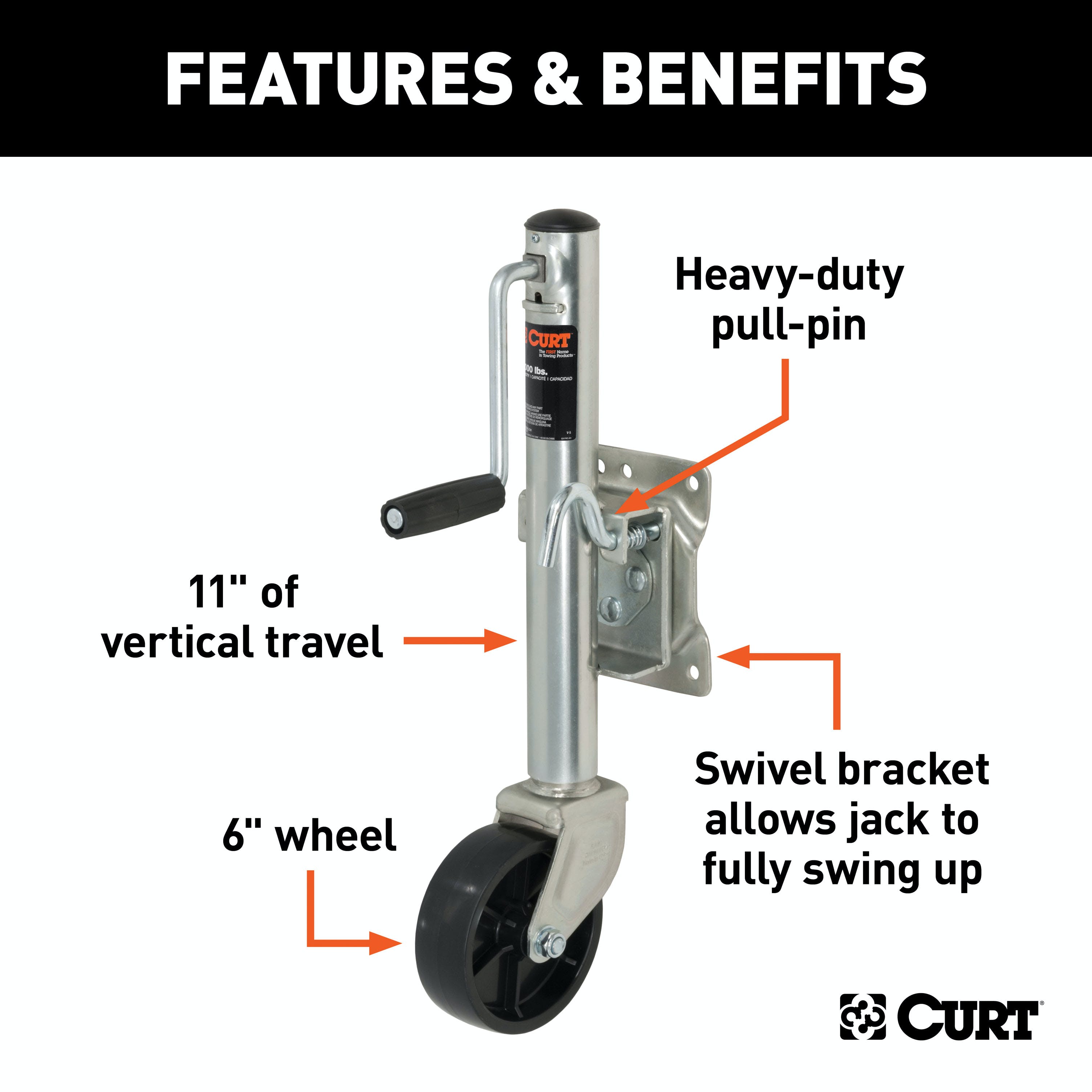 CURT 28113 Marine Jack with 6 Wheel (1,200 lbs, 10 Travel, Packaged)