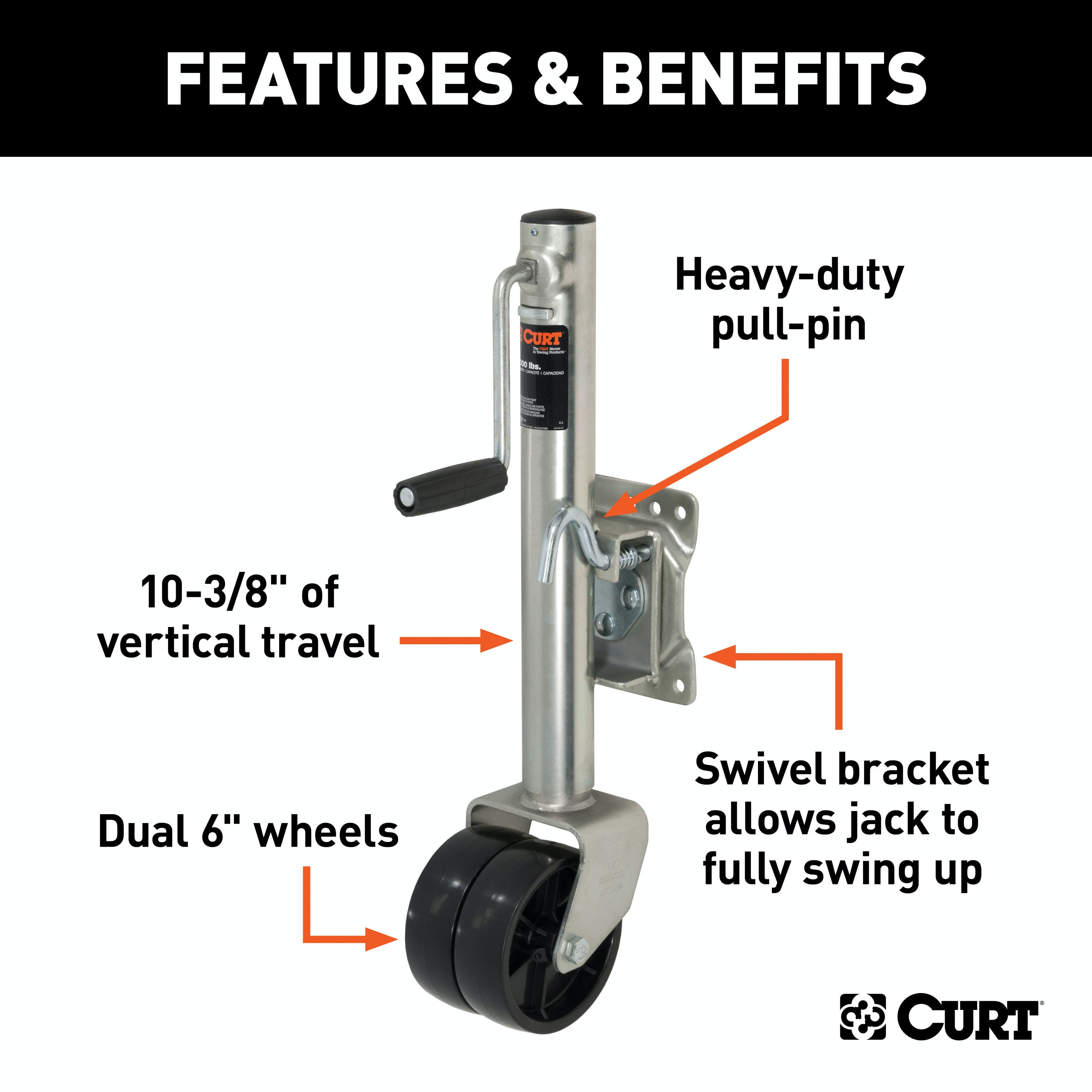 CURT 28156 Marine Jack with Dual 6 Wheels (1,500 lbs, 10 Travel, Packaged)