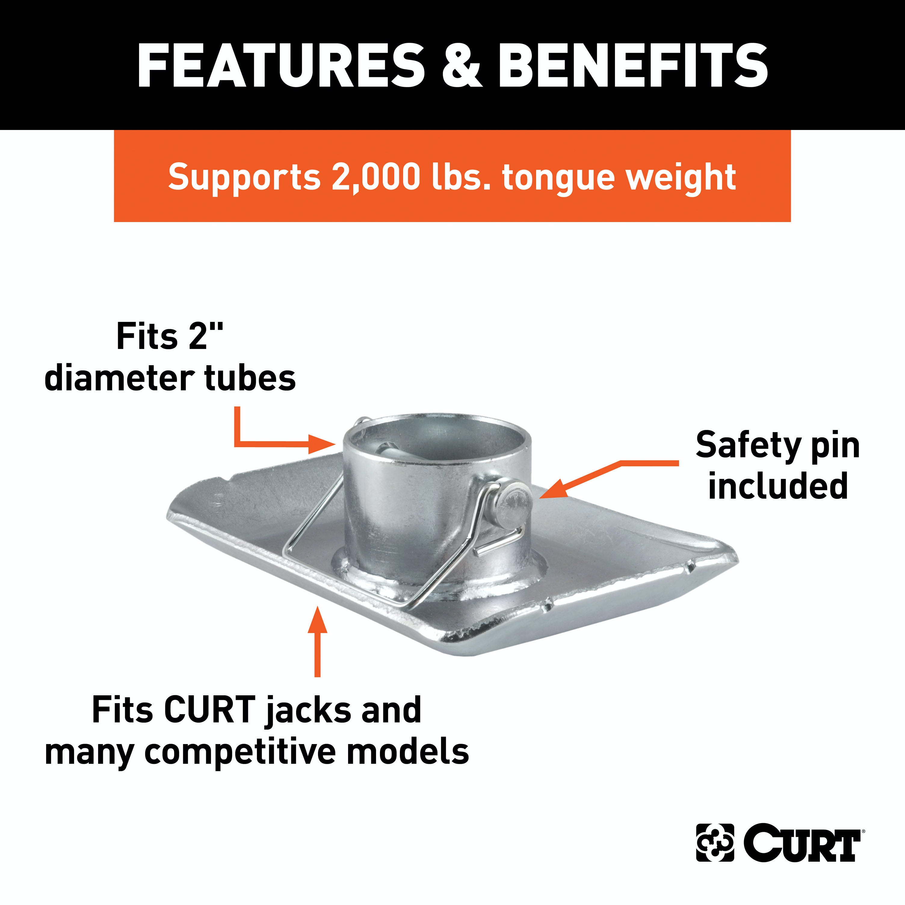 CURT 28273 Pin-On Jack Foot (Fits 2 Tube, 2,000 lbs, 1-11/16 Height, Packaged)