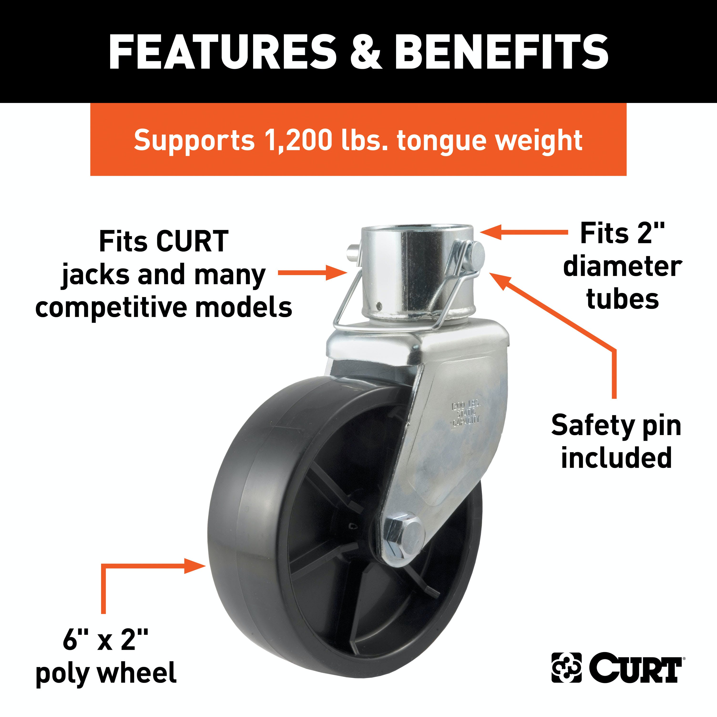 CURT 28277 6 Jack Caster (Fits 2 Tube, 2,000 lbs, Packaged)
