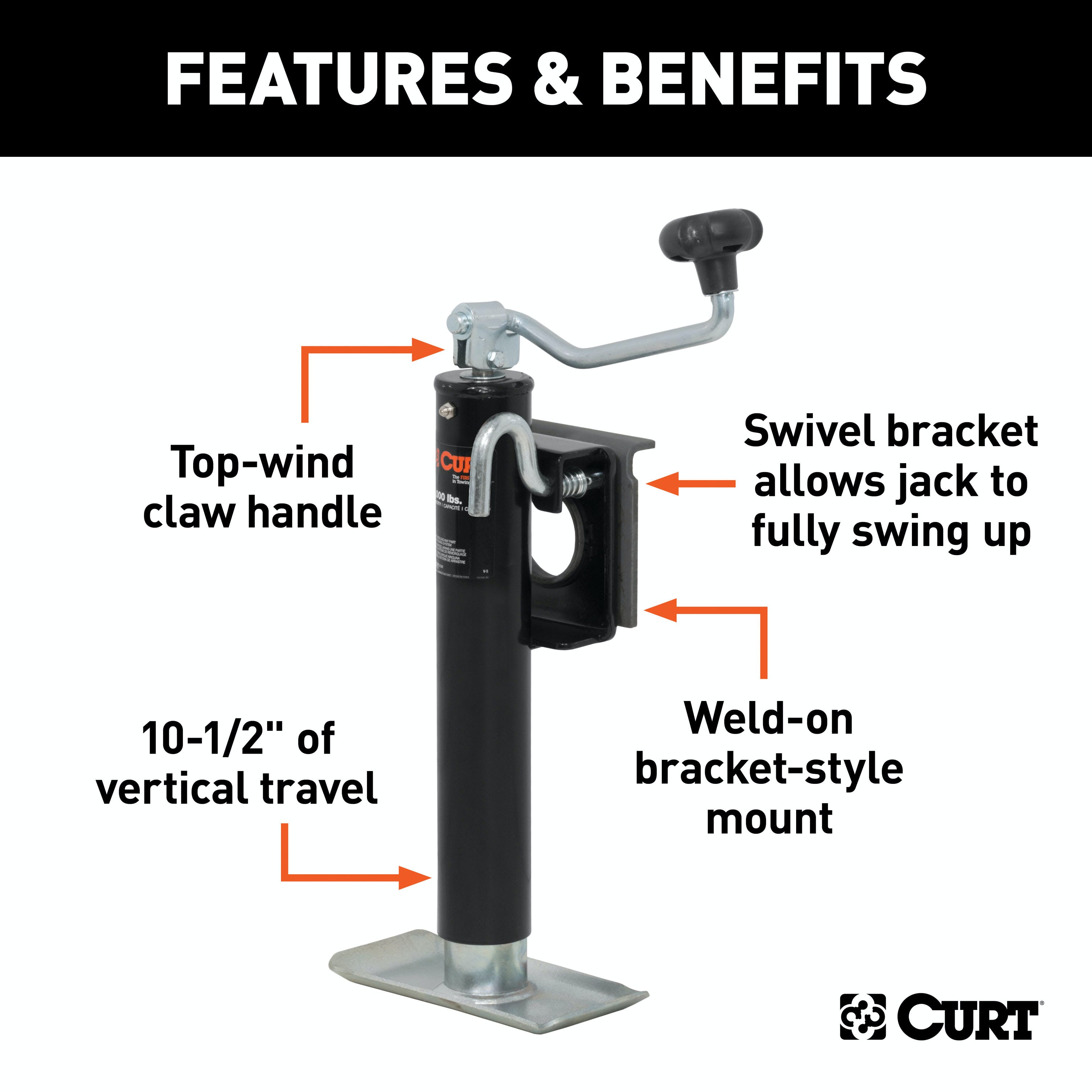 CURT 28301 Bracket-Mount Swivel Jack with Top Handle (2,000 lbs, 10 Travel, Packaged)