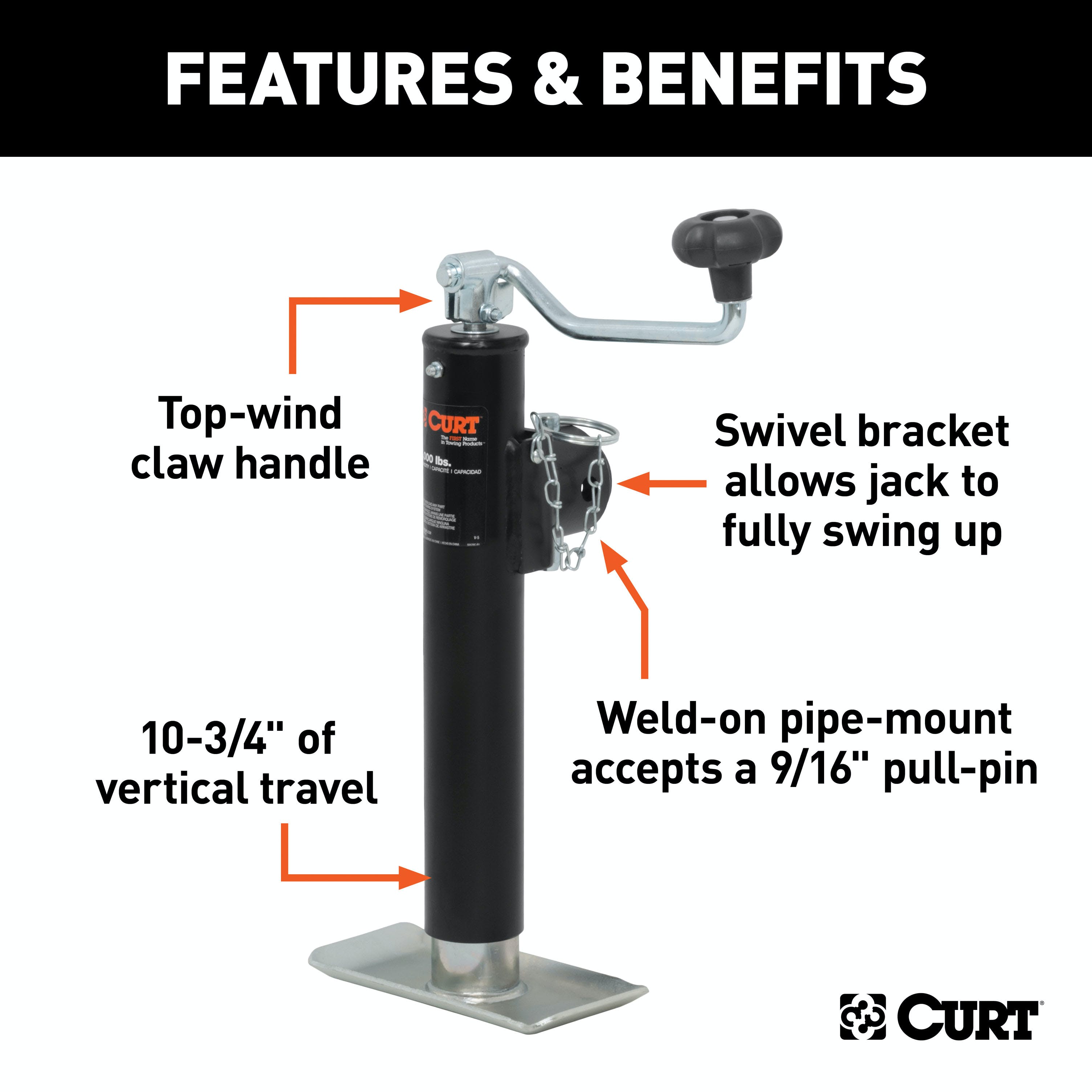 CURT 28320 Pipe-Mount Swivel Jack with Top Handle (2,000 lbs, 10 Travel)