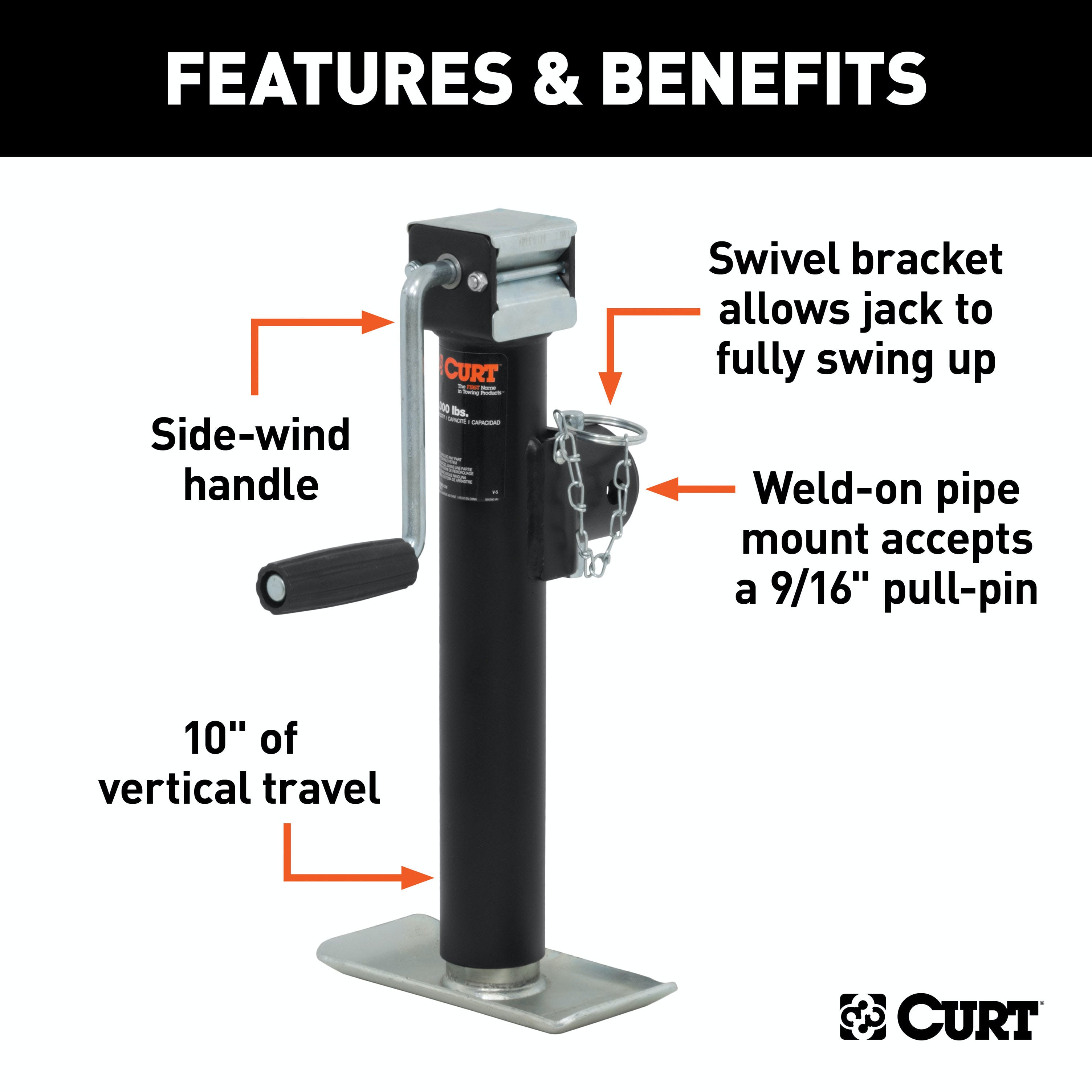 CURT 28321 Pipe-Mount Swivel Jack with Side Handle (2,000 lbs, 10 Travel)