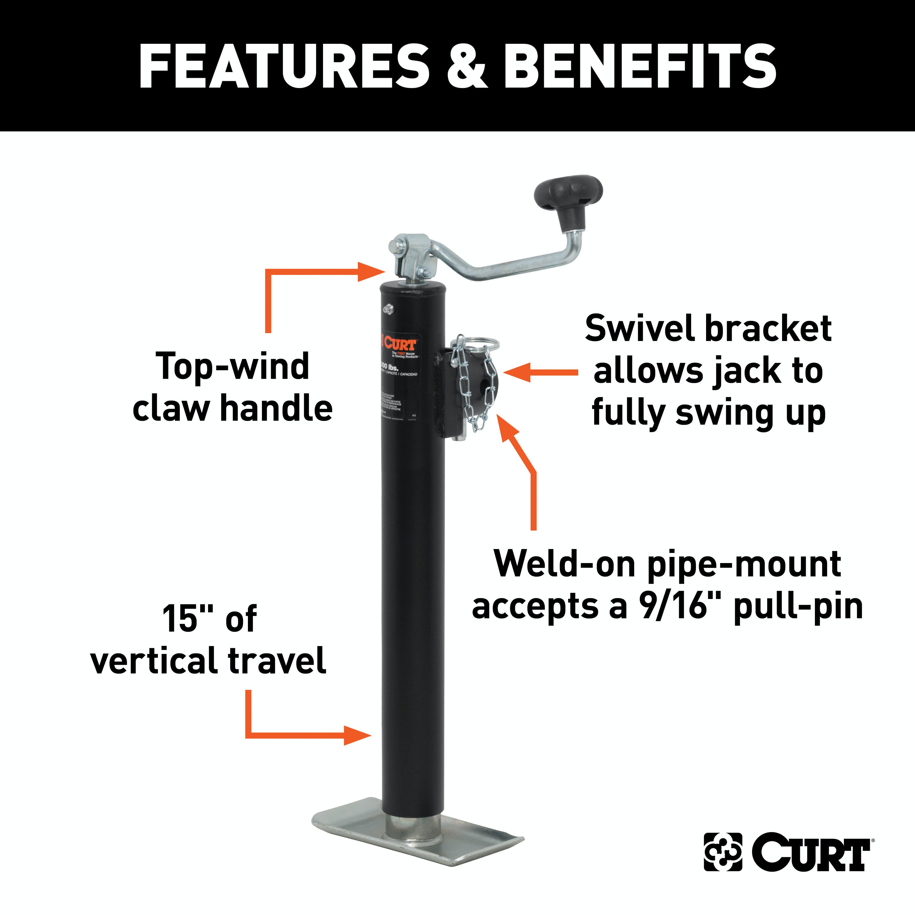 CURT 28322 Pipe-Mount Swivel Jack with Top Handle (2,000 lbs, 15 Travel)