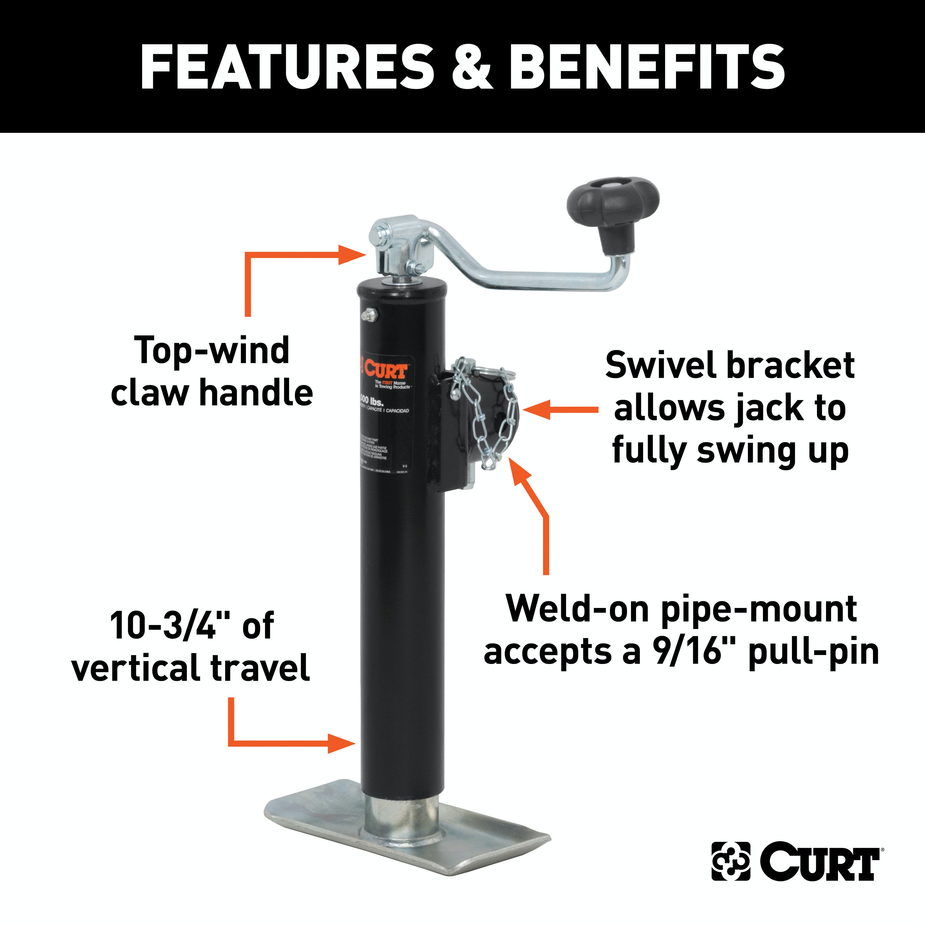 CURT 28351 Pipe-Mount Swivel Jack with Top Handle (5,000 lbs, 10 Travel, Packaged)