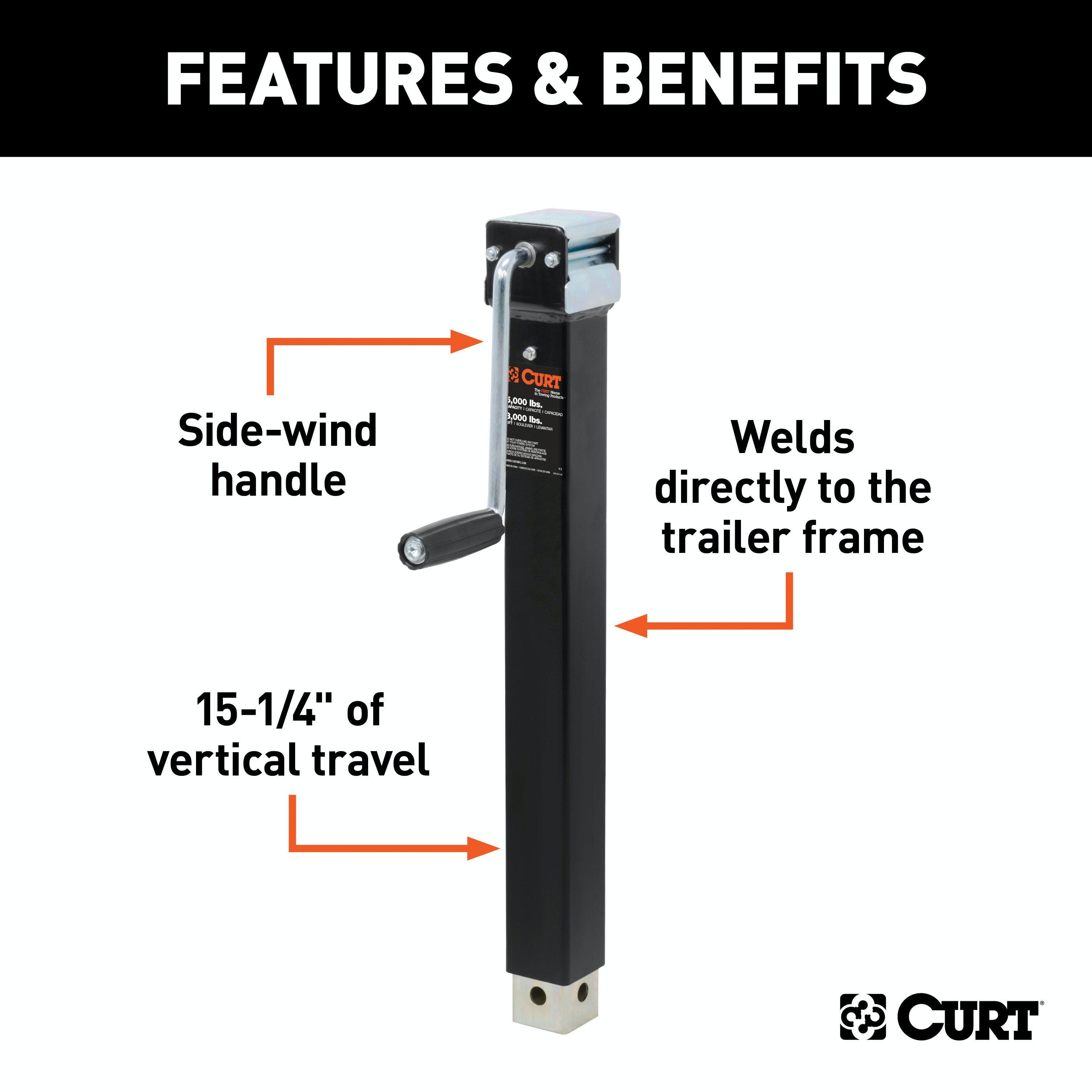 CURT 28359 Direct-Weld Square Jack with Side Handle (5,000 lbs, 15 Travel)