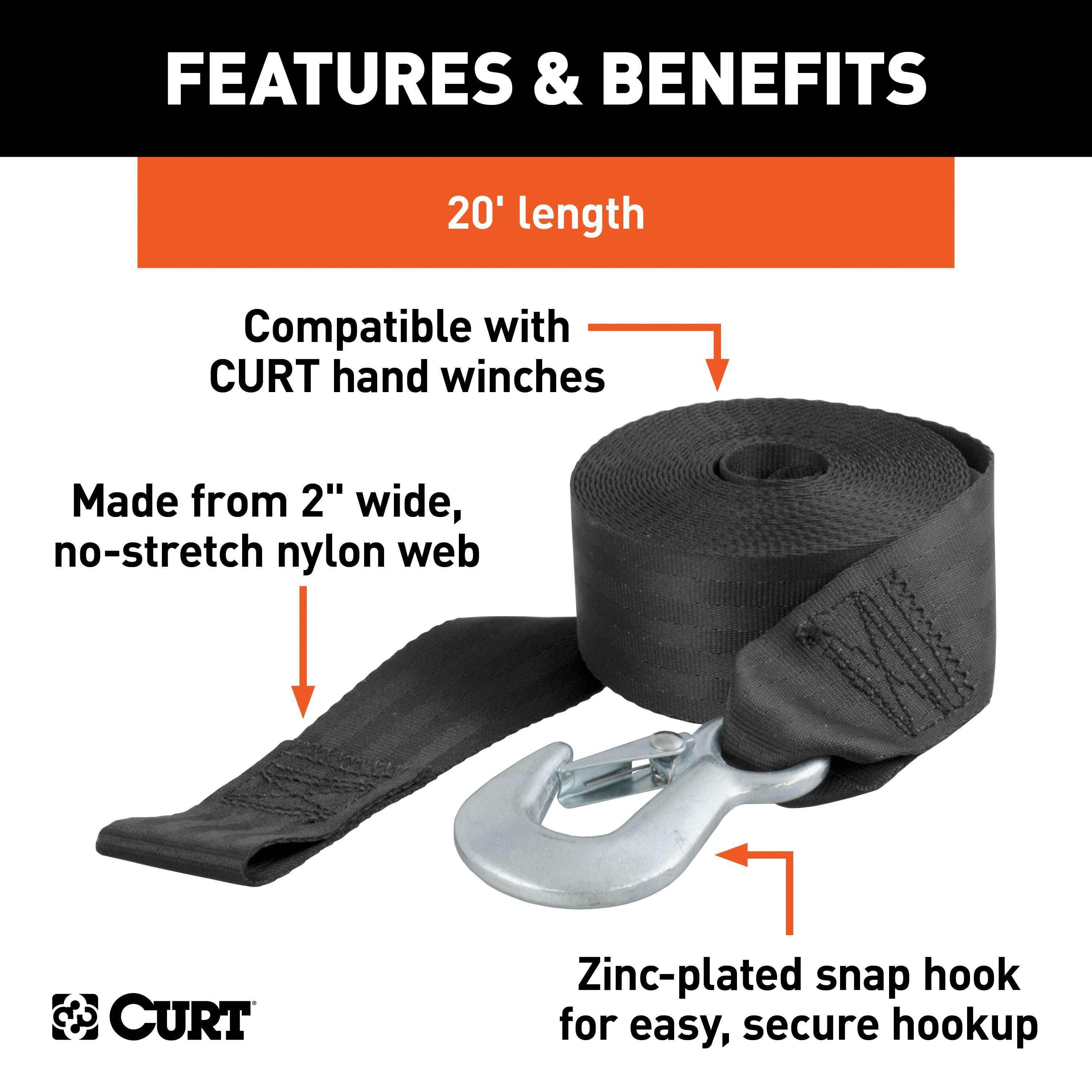 CURT 29007 20' Winch Strap with Snap Hook (1,333 lbs.)