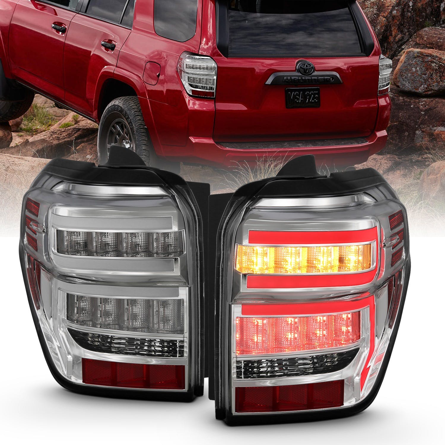 AnzoUSA 311313 Tail Lights Chrome Housing Clear Lens Red Light Bar With sequential
