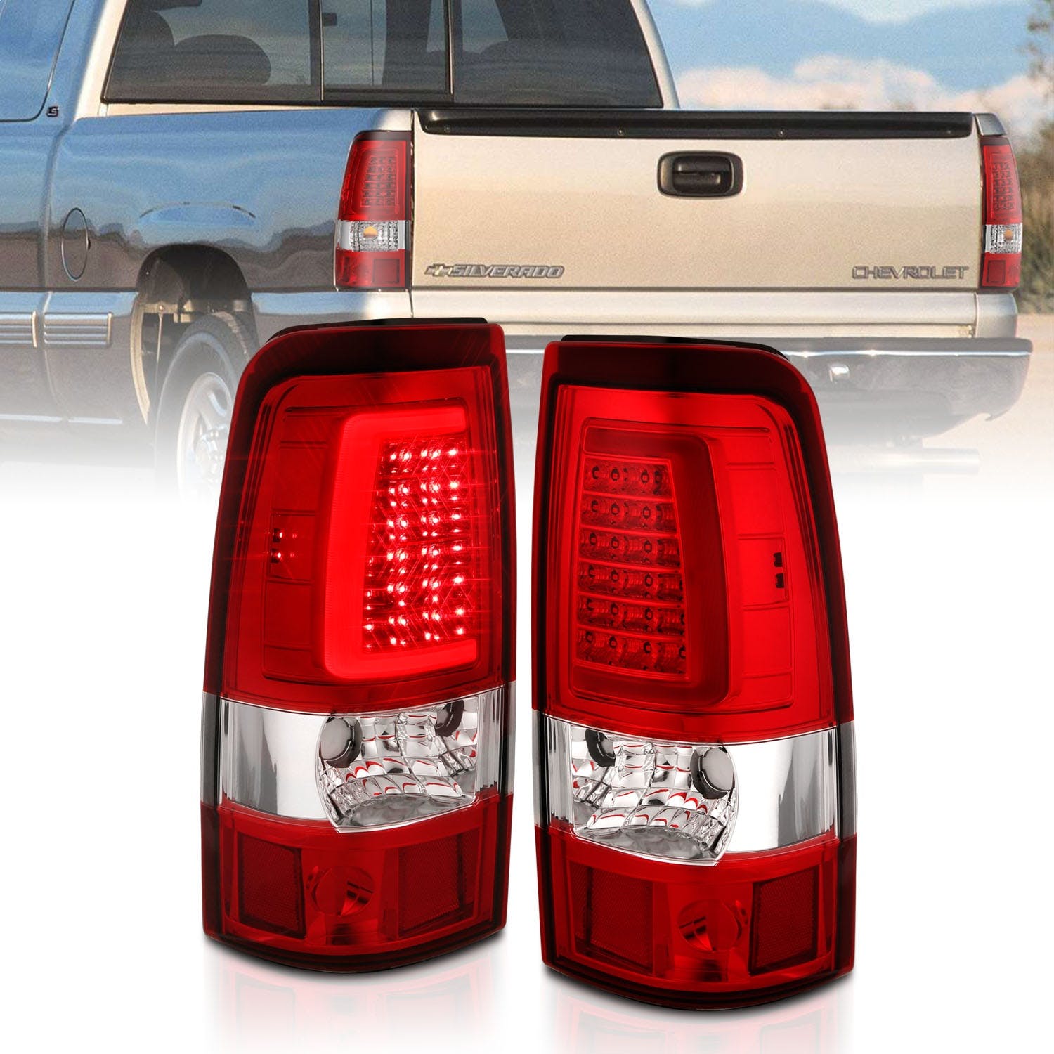 AnzoUSA 311332 LED Taillights Plank Style Chrome with Red/Clear Lens