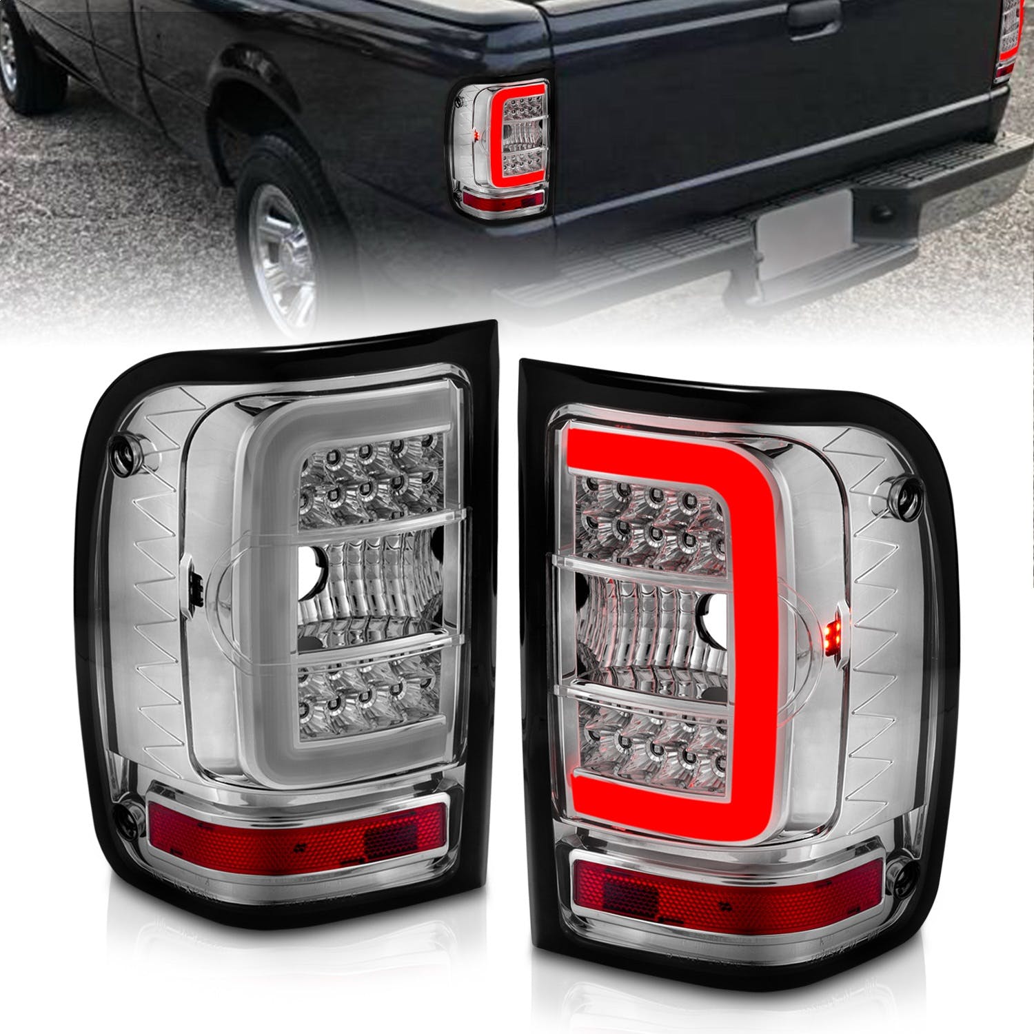 AnzoUSA 311392 LED Tail Lights with Light Bar Chrome Housing Clear Lens