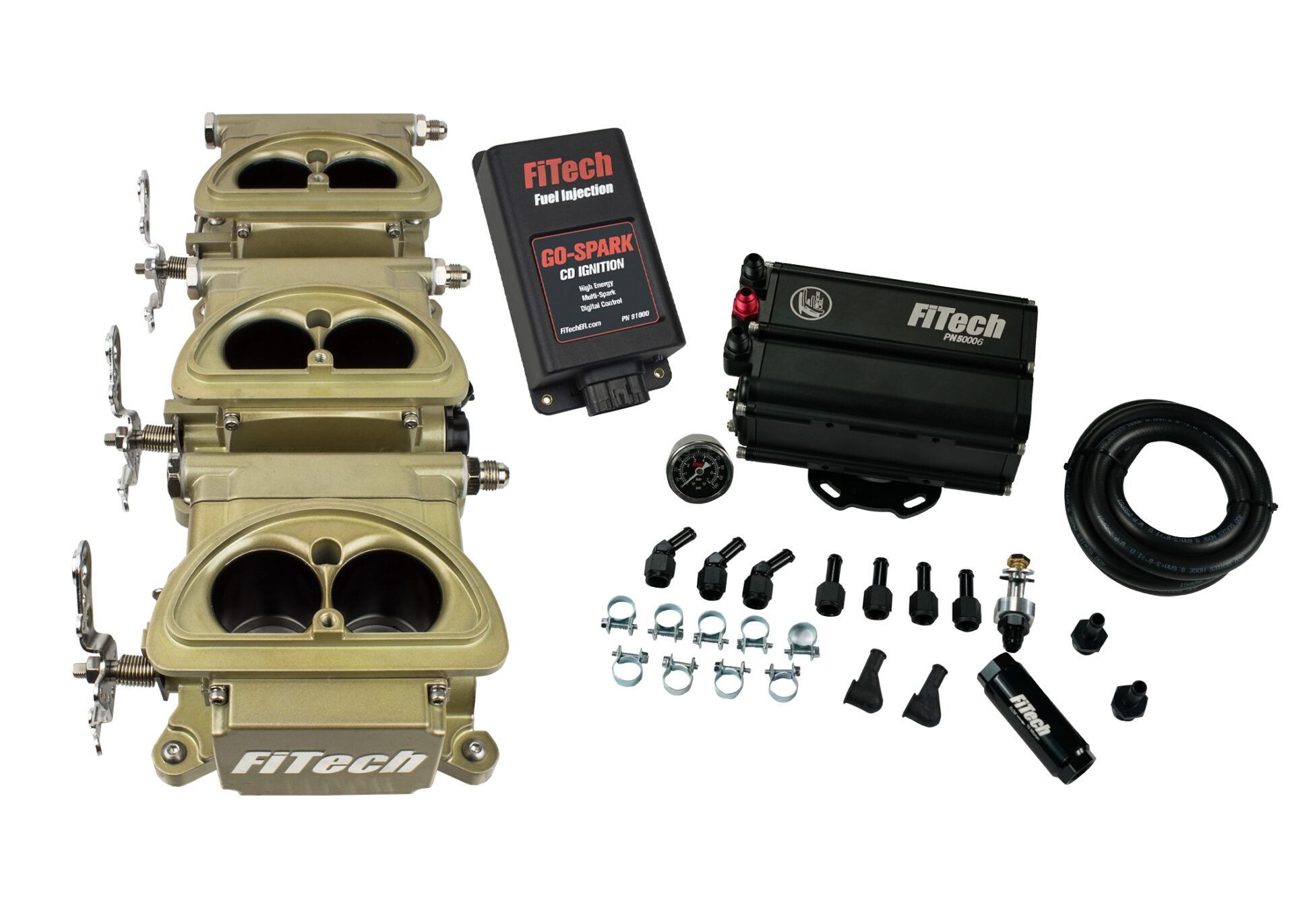 FiTech 35561 Go EFI 3x2 Tri Power 600 HP Classic Gold EFI System w/ Force Fuel Mini Delivery