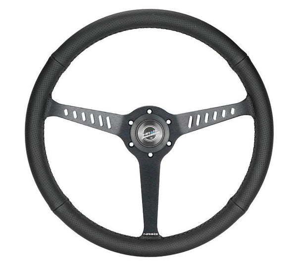 NRG Innovations CLASSIC 380MM STEALTH PERFORATED LEATHER STEERING WHEEL BLACK STITCHING