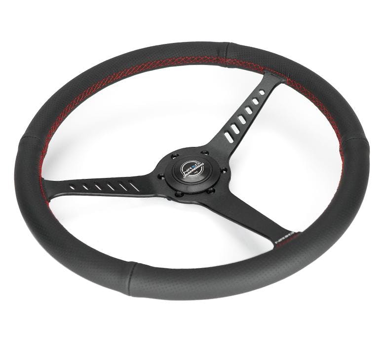 NRG Innovations CLASSIC 380MM STEALTH PERFORATED LEATHER STEERING WHEEL RED STITCHING