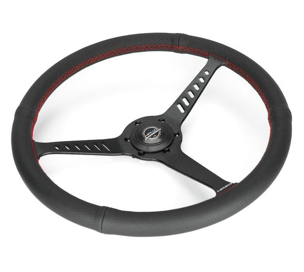 NRG Innovations CLASSIC 380MM STEALTH PERFORATED LEATHER STEERING WHEEL RED STITCHING